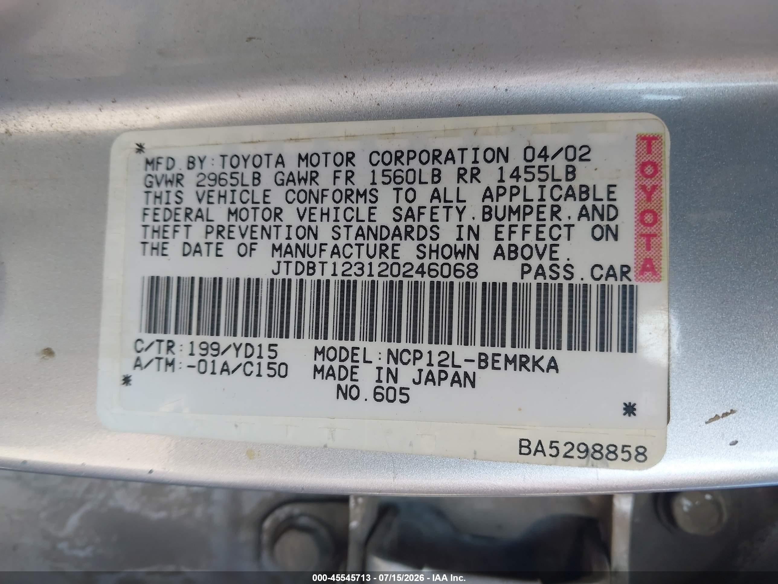2002 Toyota Echo   Silver vin: JTDBT123120246068