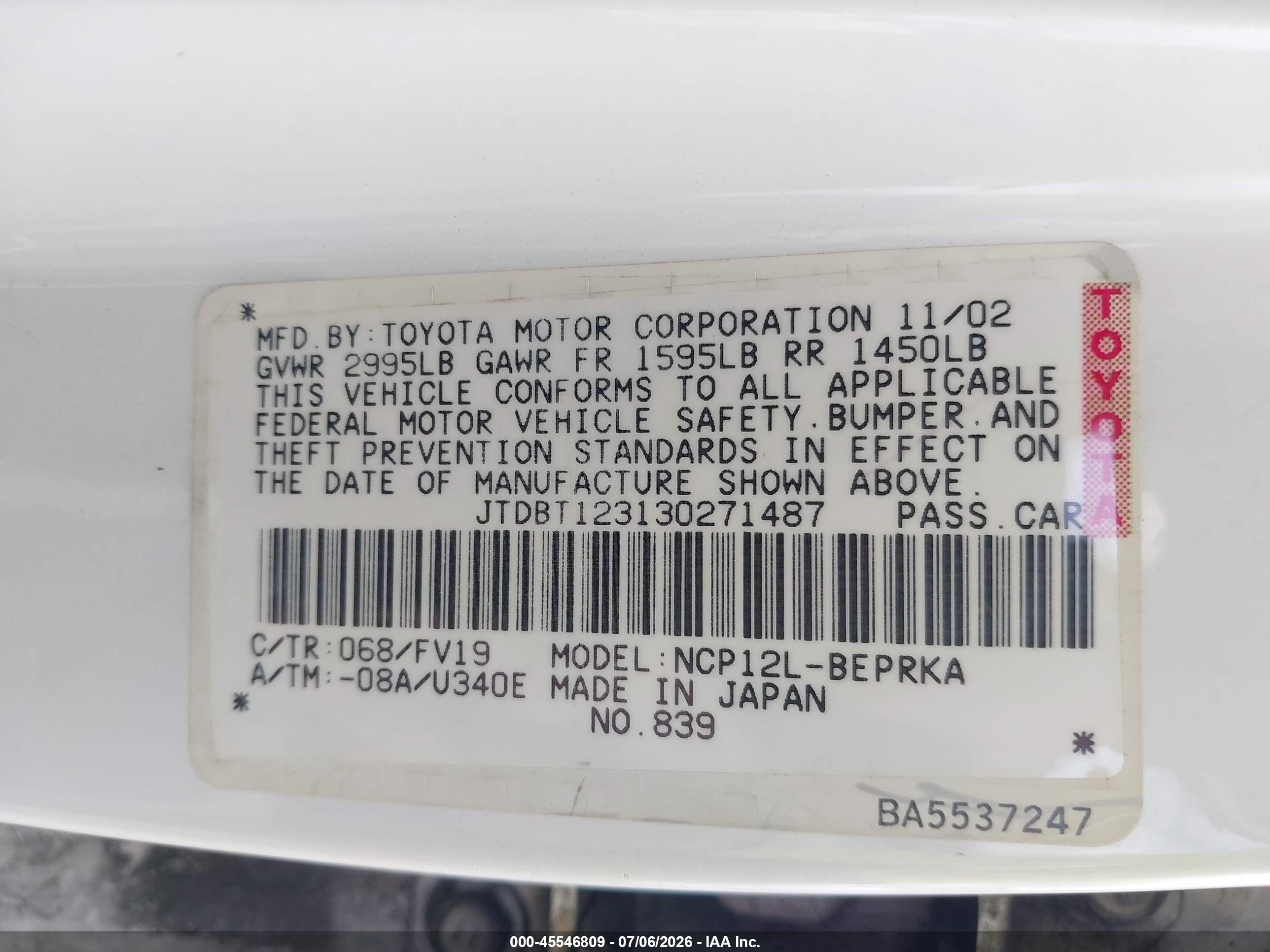 2003 Toyota Echo   White vin: JTDBT123130271487