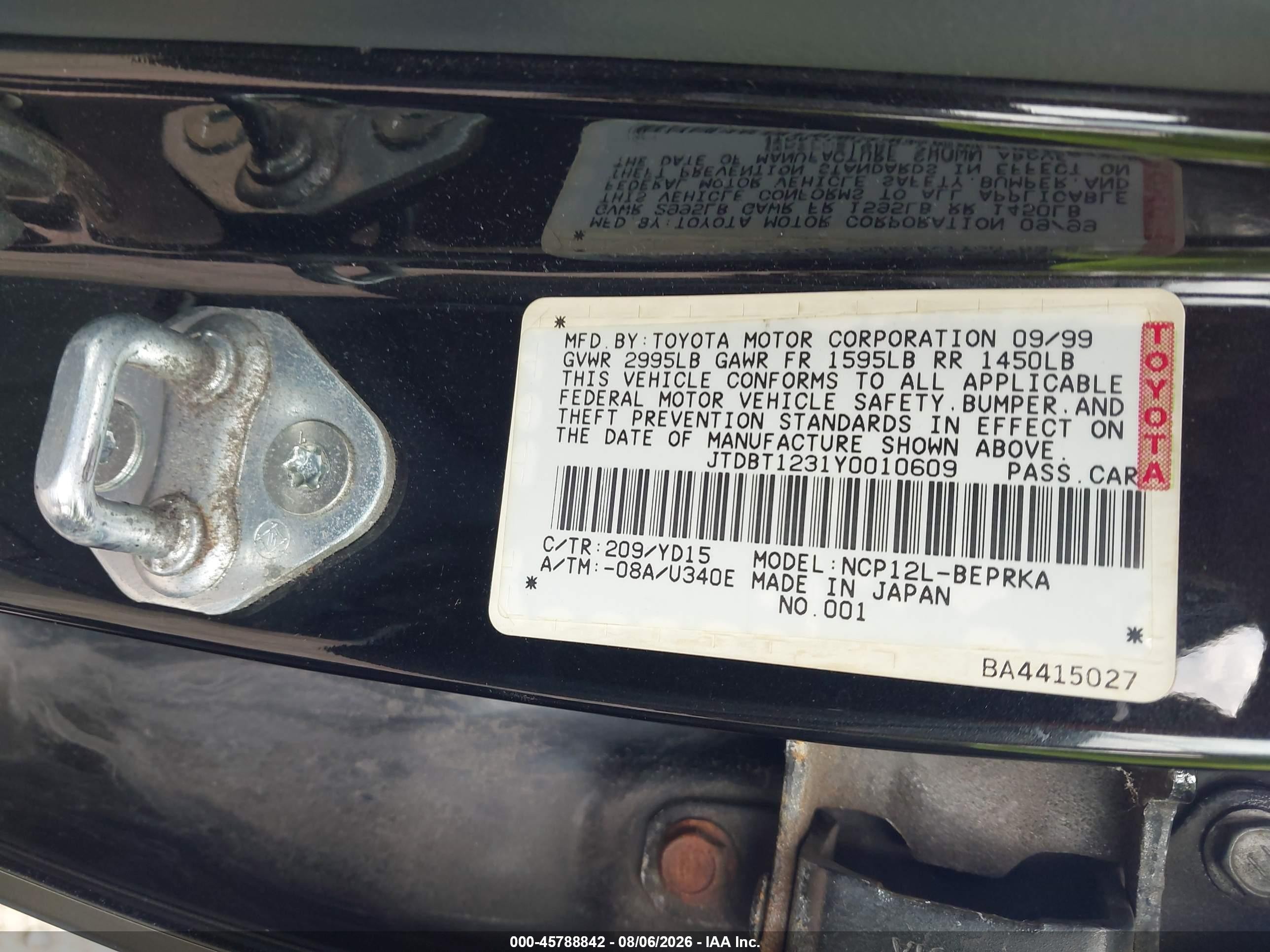 2000 Toyota Echo   Black vin: JTDBT1231Y0010609