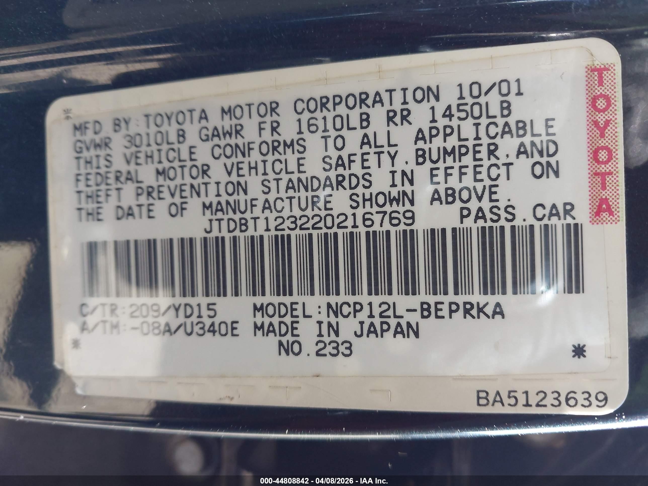 2002 Toyota Echo   Black vin: JTDBT123220216769