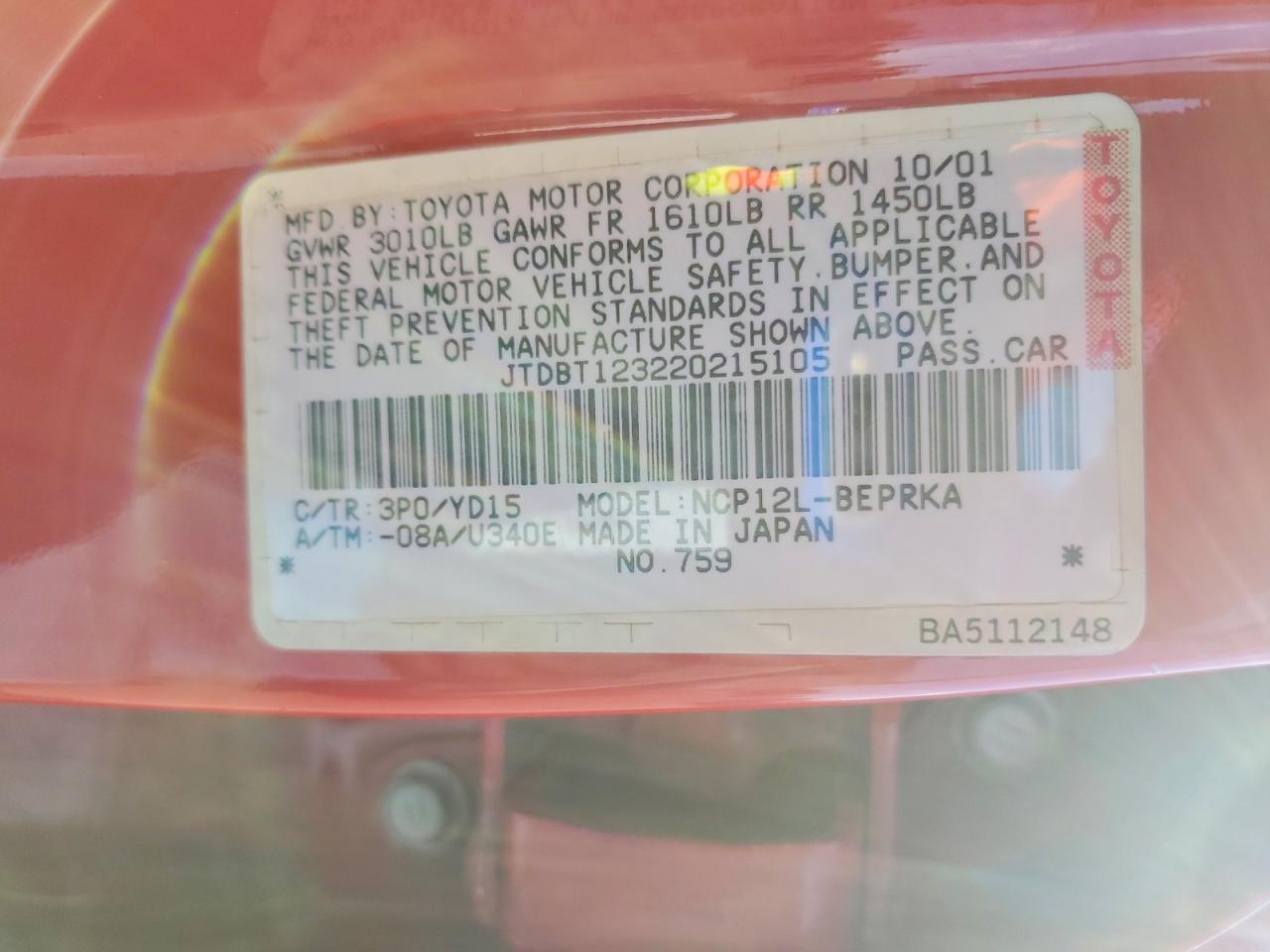 2002 Toyota Echo Red vin: JTDBT123220215105