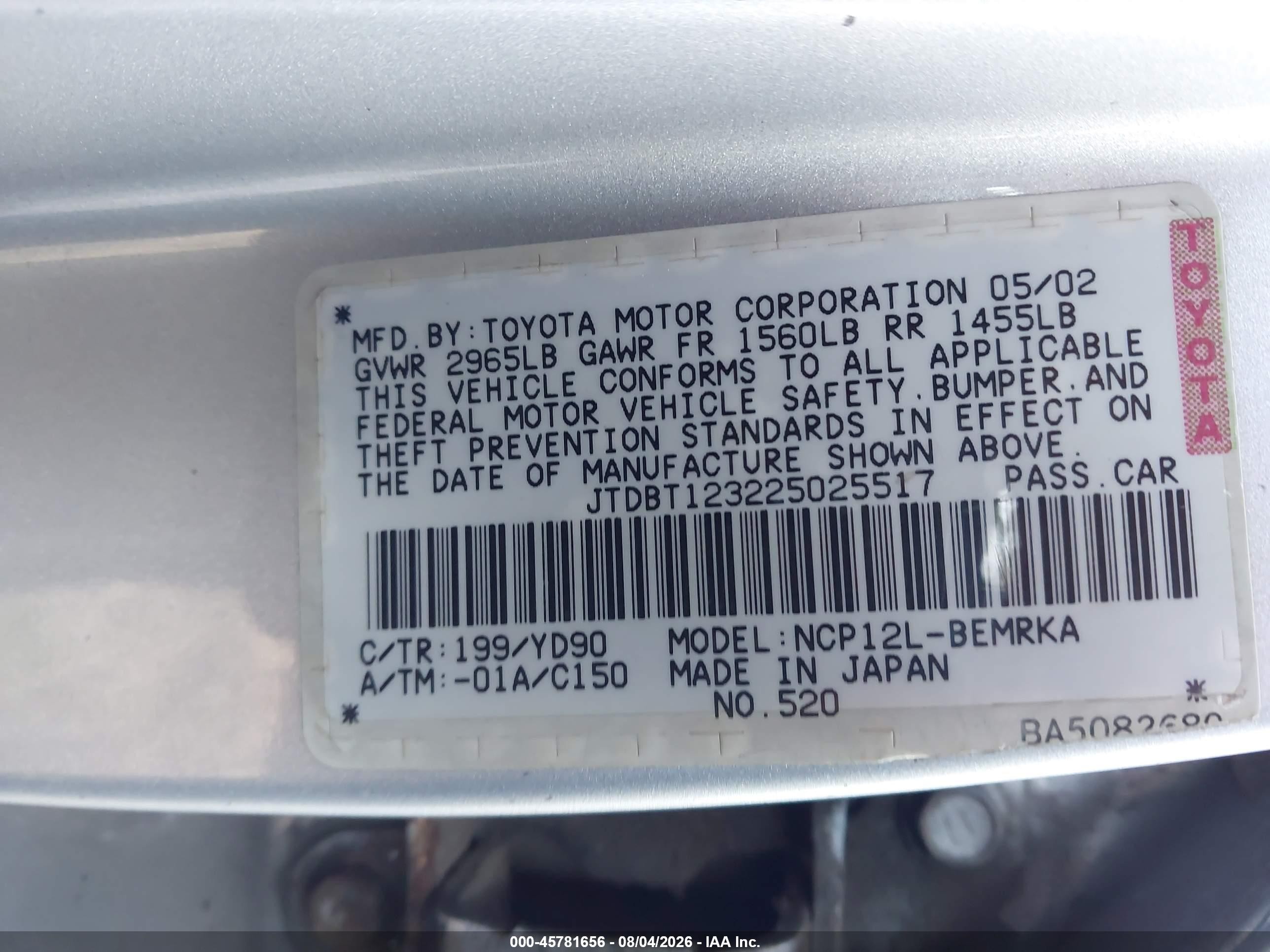 2002 Toyota Echo   Silver vin: JTDBT123225025517