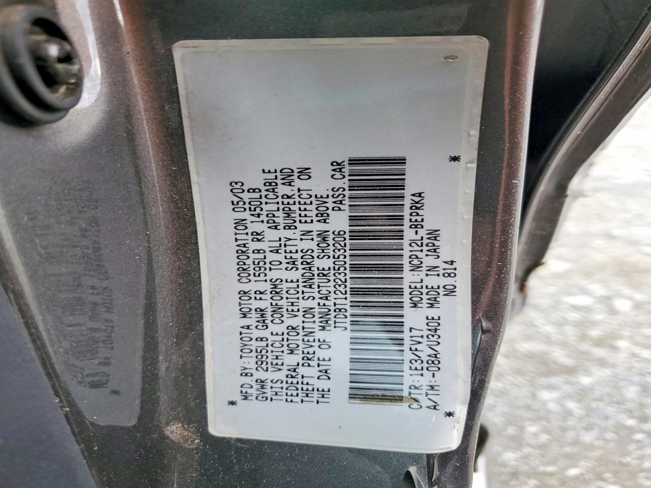 2003 Toyota Echo Base Gray vin: JTDBT123235053206