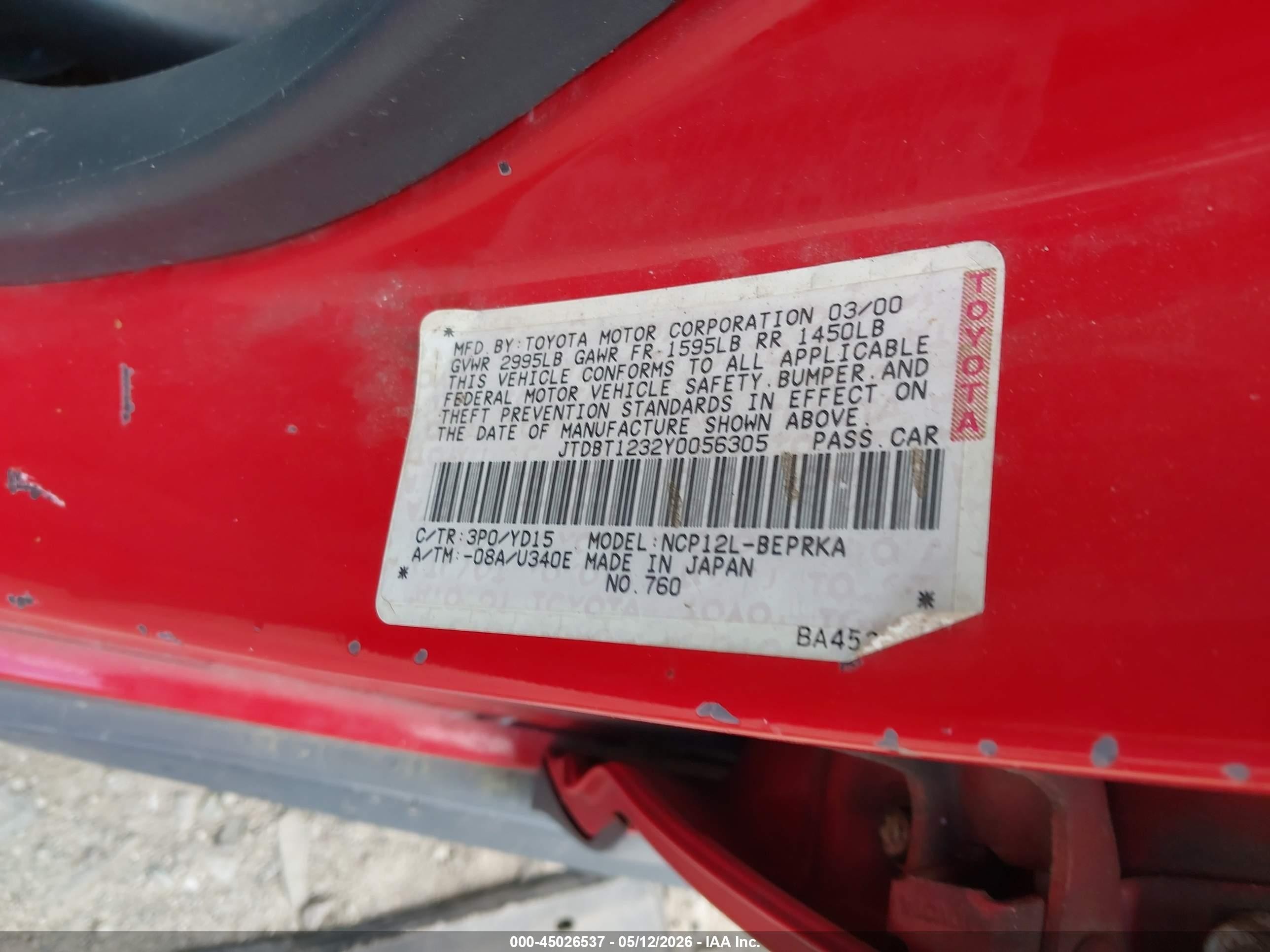 2000 Toyota Echo   Red vin: JTDBT1232Y0056305