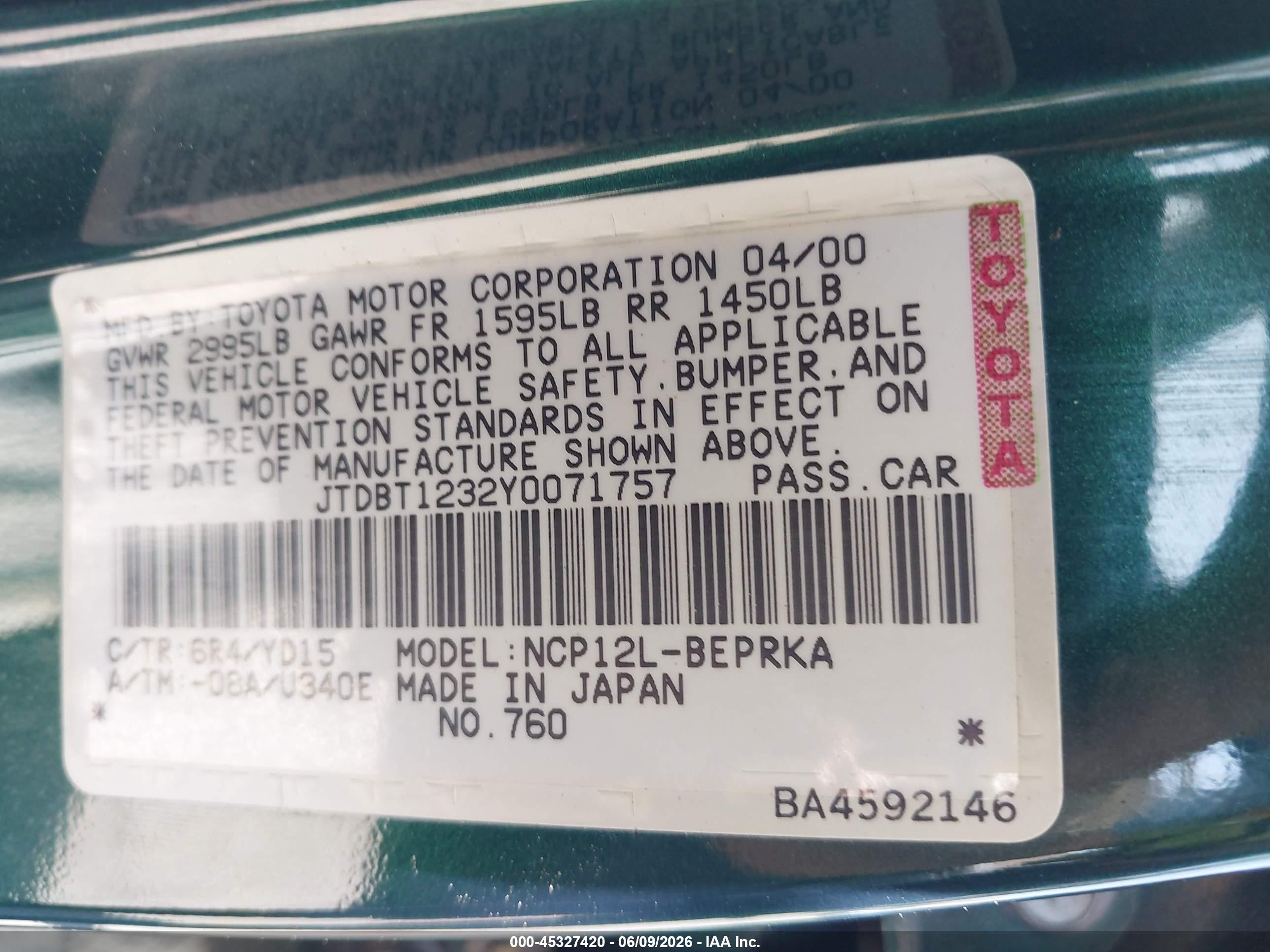 2000 Toyota Echo   Green vin: JTDBT1232Y0071757