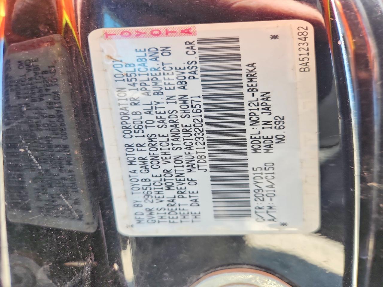 2002 Toyota Echo Base Black vin: JTDBT123320216571