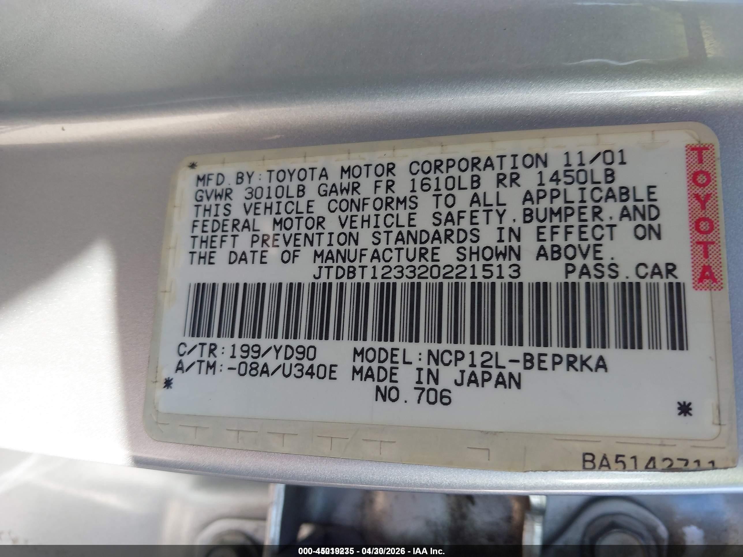 2002 Toyota Echo   Silver vin: JTDBT123320221513