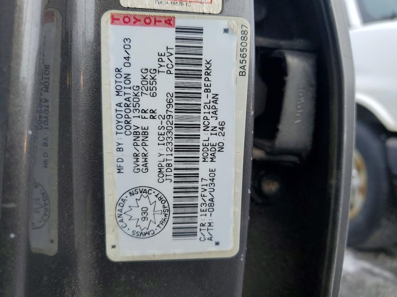2003 Toyota Echo Base Gray vin: JTDBT123330297962