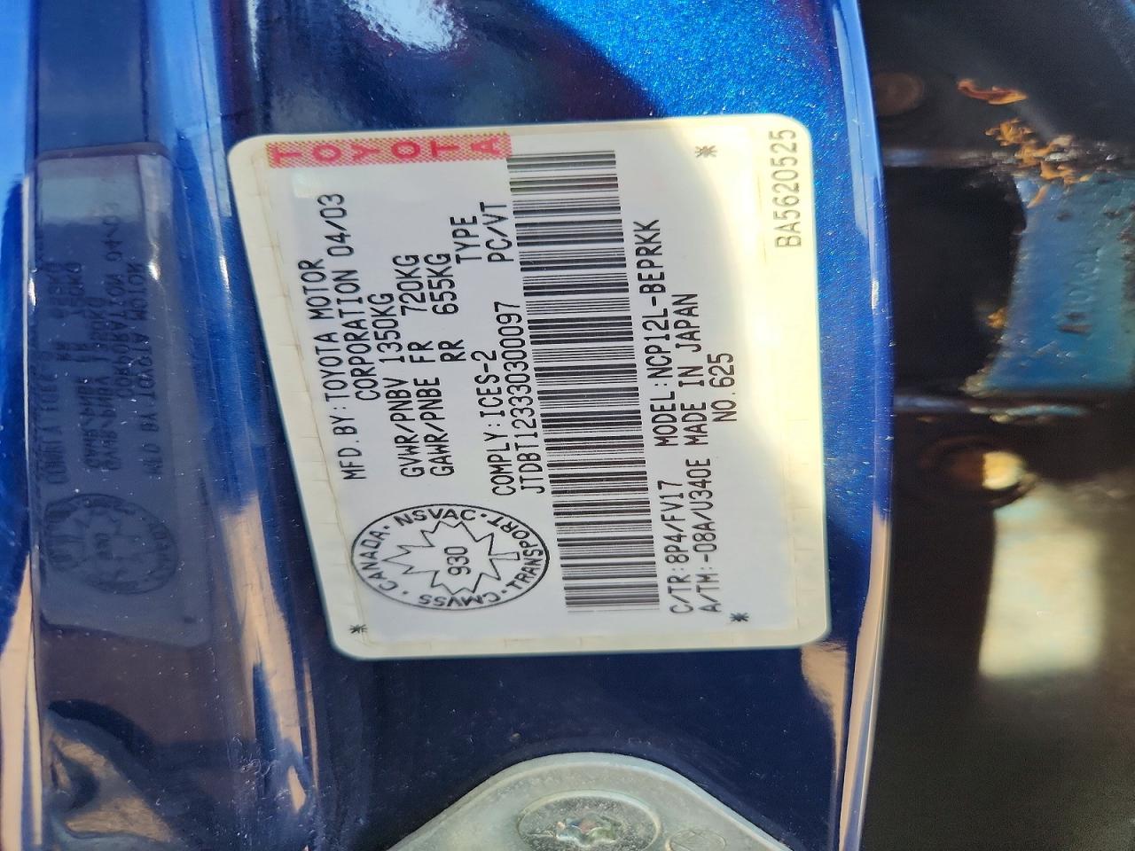2003 Toyota Echo Base Blue vin: JTDBT123330300097