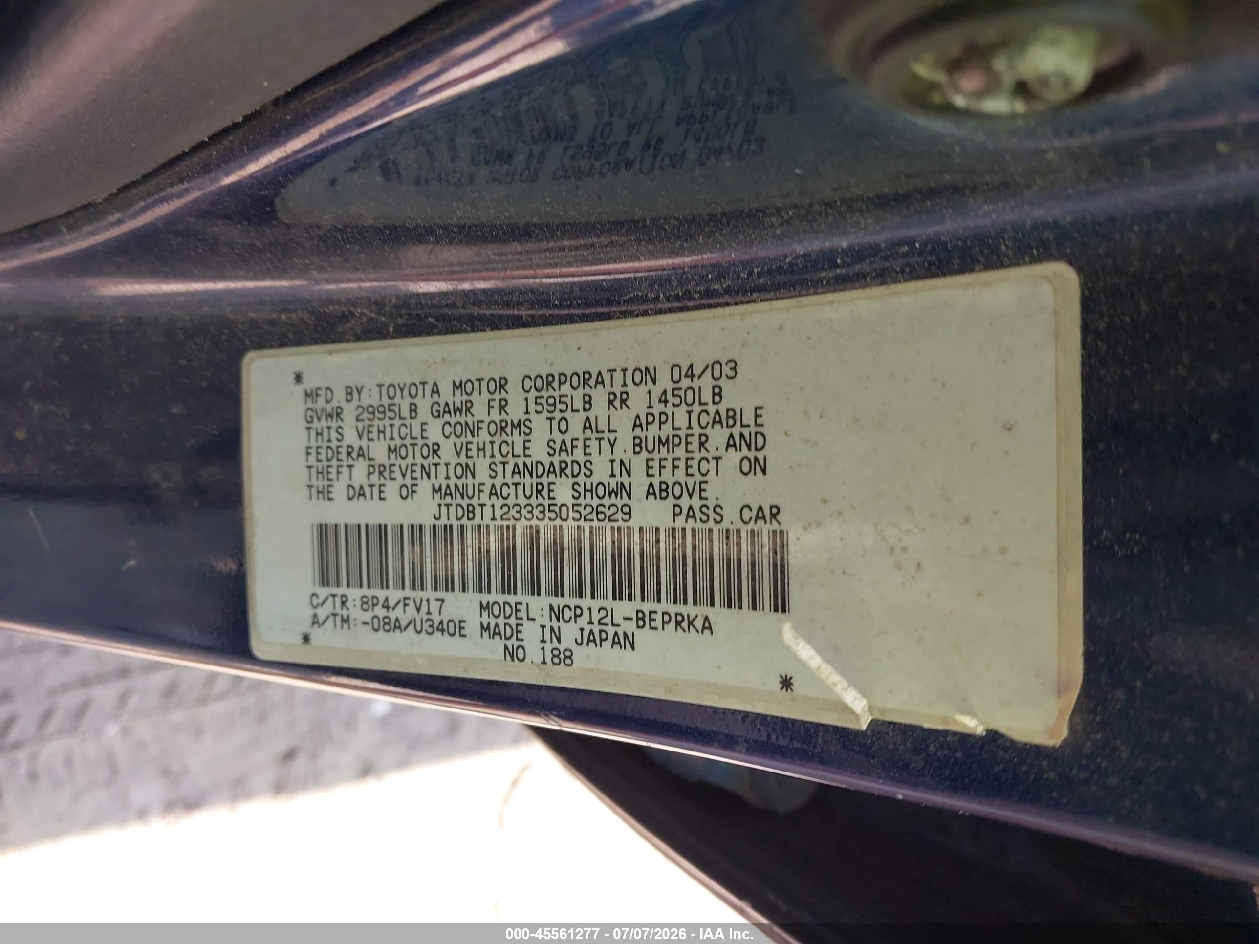2003 Toyota Echo   Синий vin: JTDBT123335052629