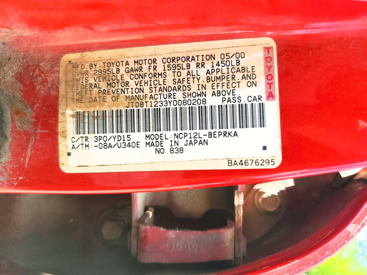 2000 Toyota Echo Base Red vin: JTDBT1233Y0080208