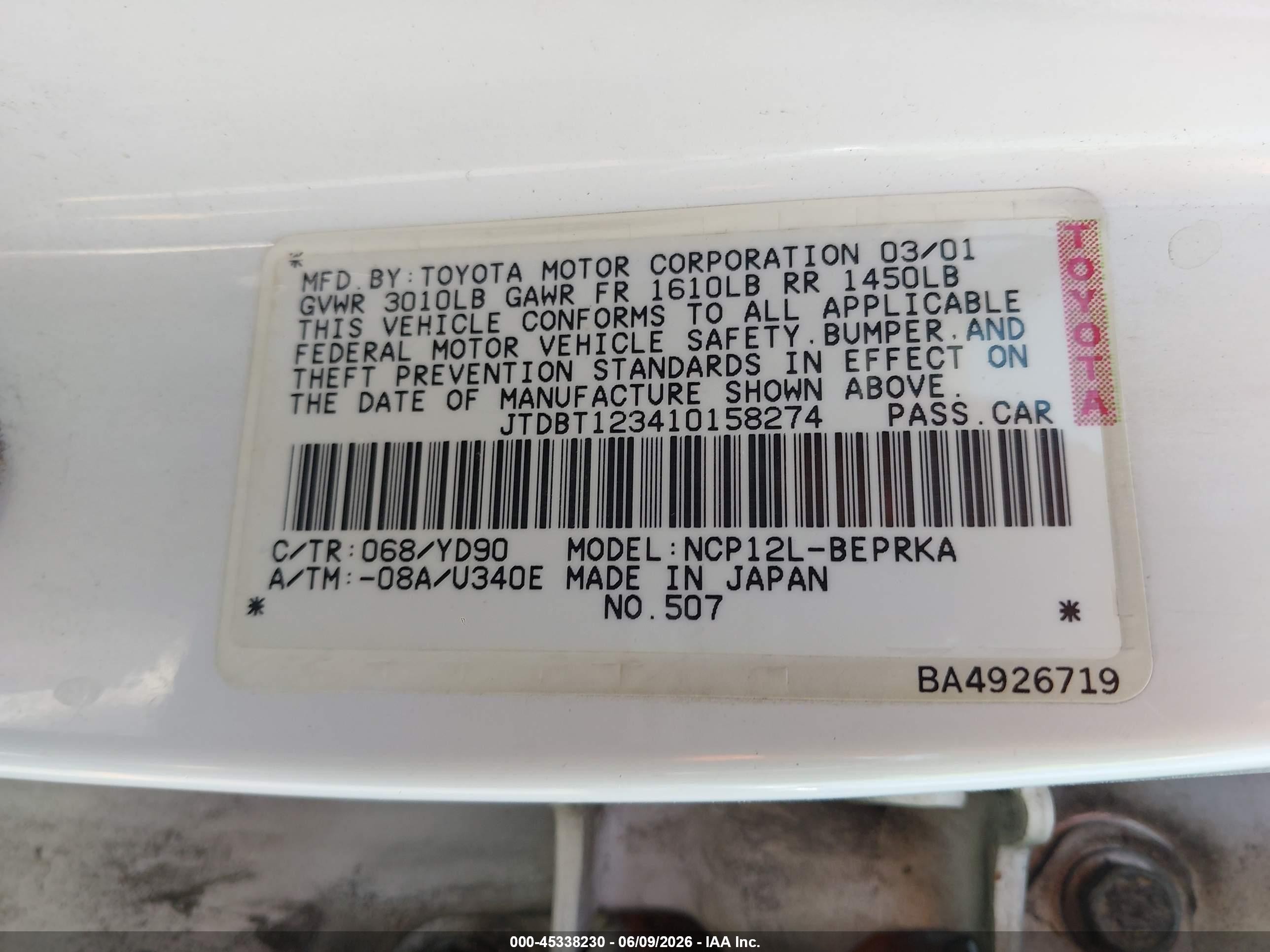 2001 Toyota Echo   White vin: JTDBT123410158274