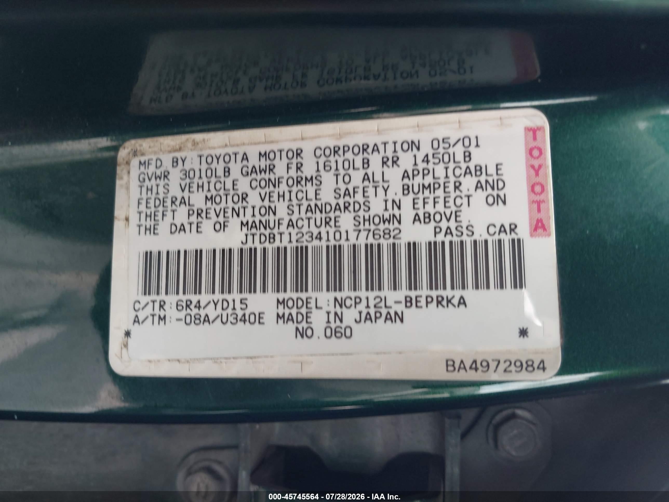 2001 Toyota Echo   Green vin: JTDBT123410177682