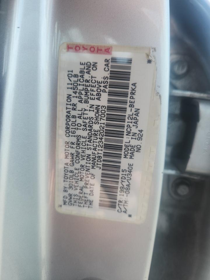 2002 Toyota Echo Base Серебряный vin: JTDBT123420217003