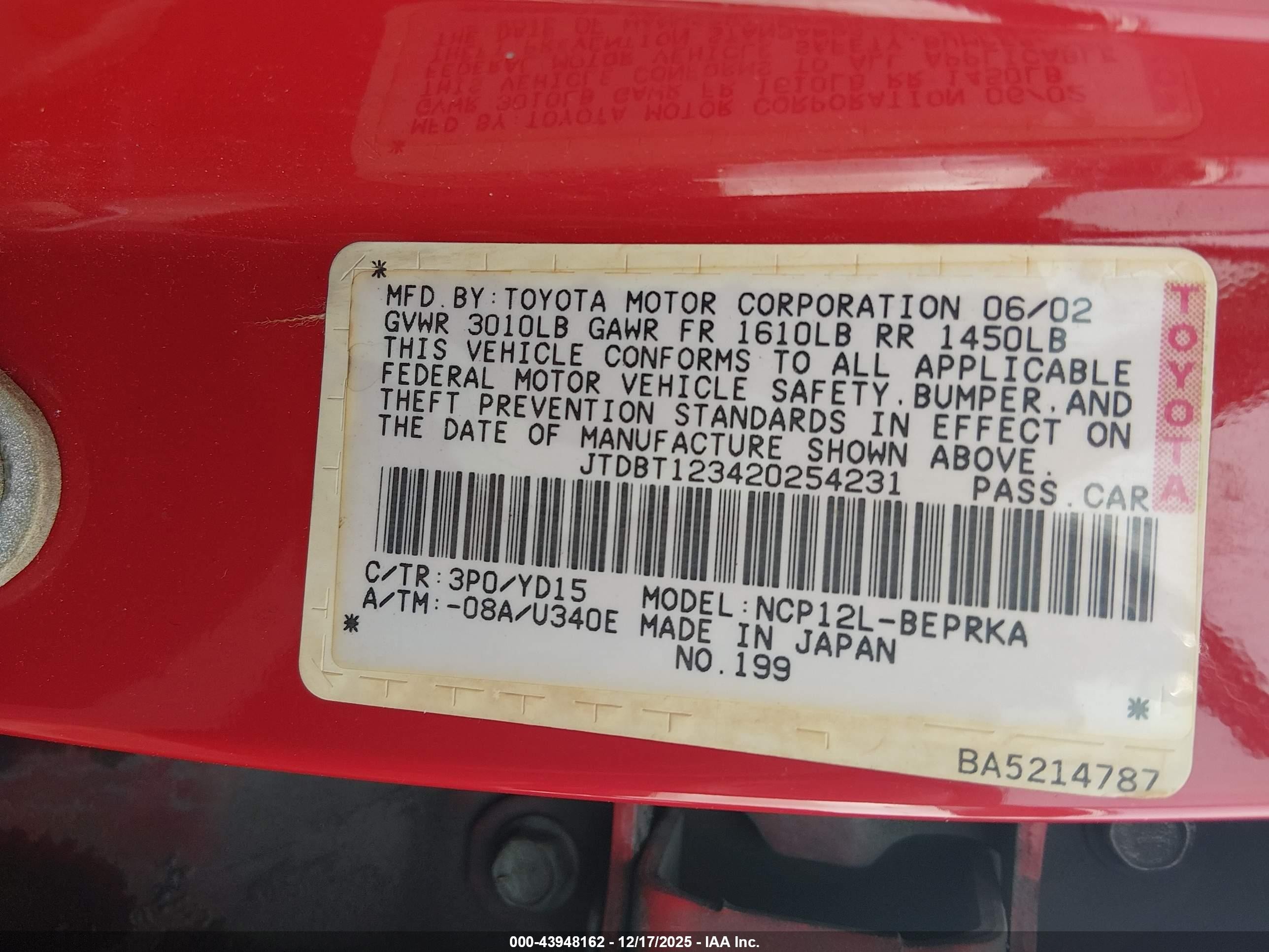 2002 Toyota Echo   Red vin: JTDBT123420254231