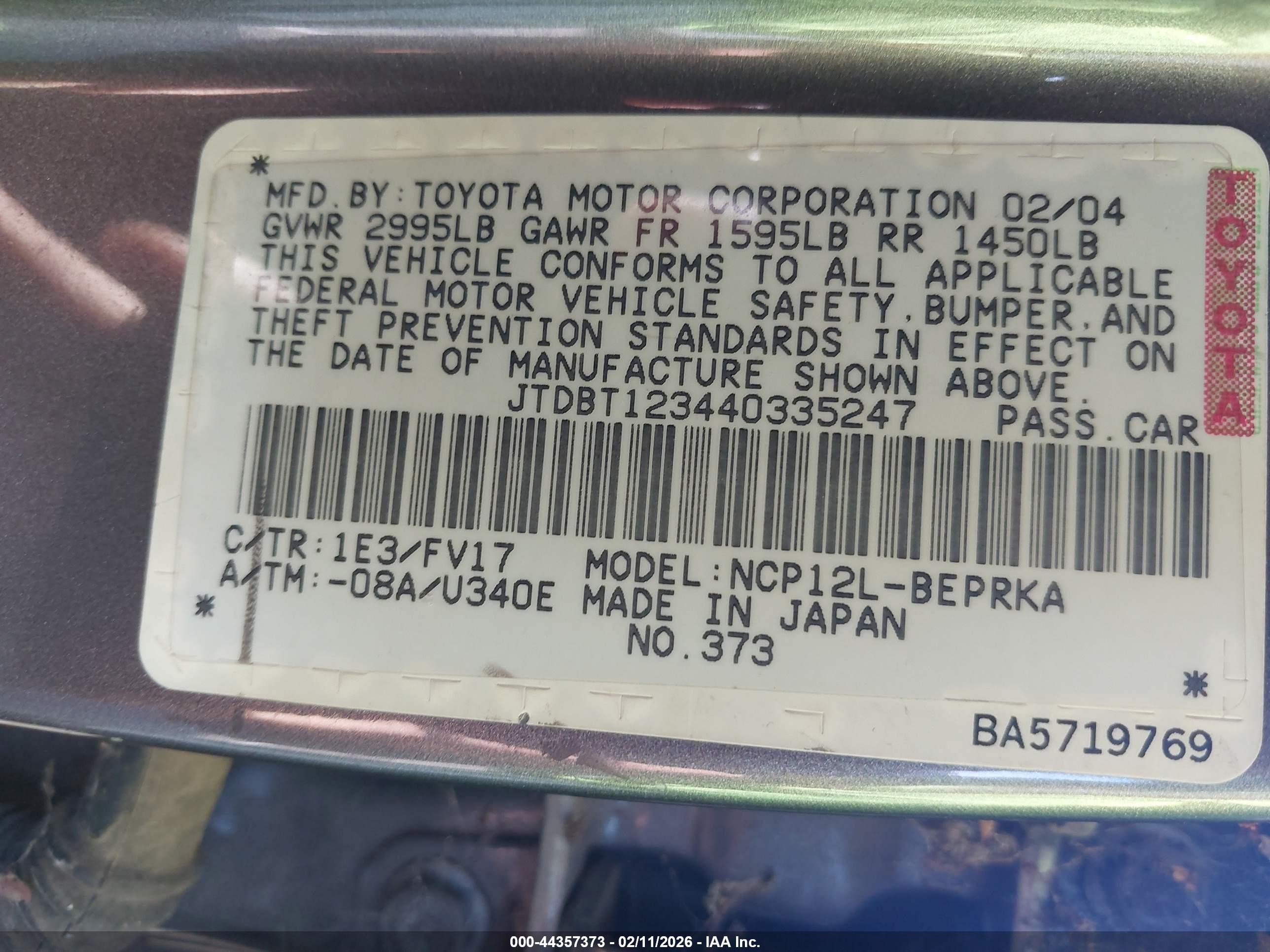 2004 Toyota Echo   Gray vin: JTDBT123440335247