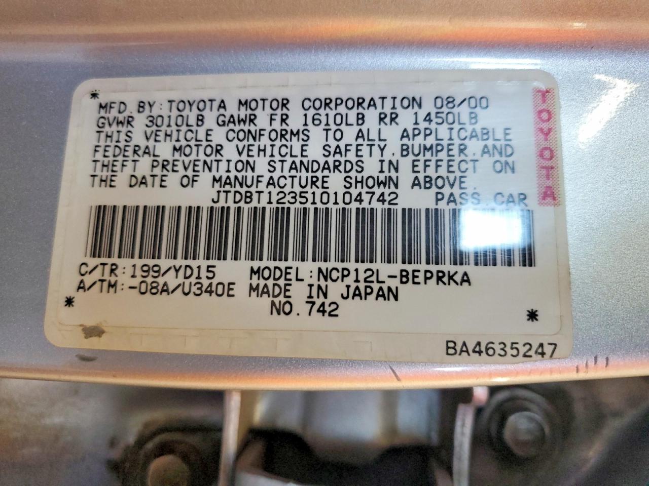 2001 Toyota Echo Base Silver vin: JTDBT123510104742