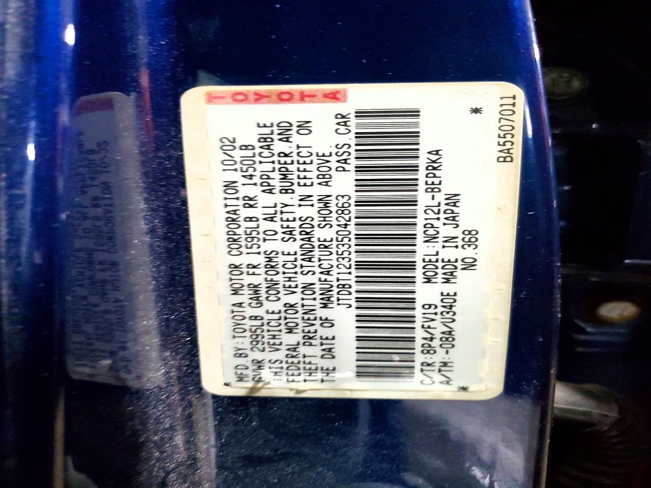 2003 Toyota Echo Base Blue vin: JTDBT123535042863