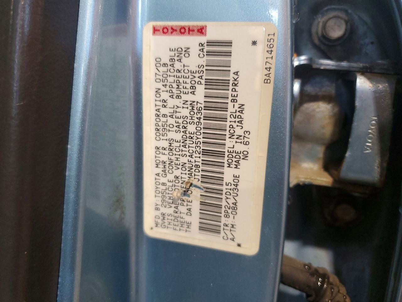 2000 Toyota Echo Base Turquoise vin: JTDBT1235Y0094367