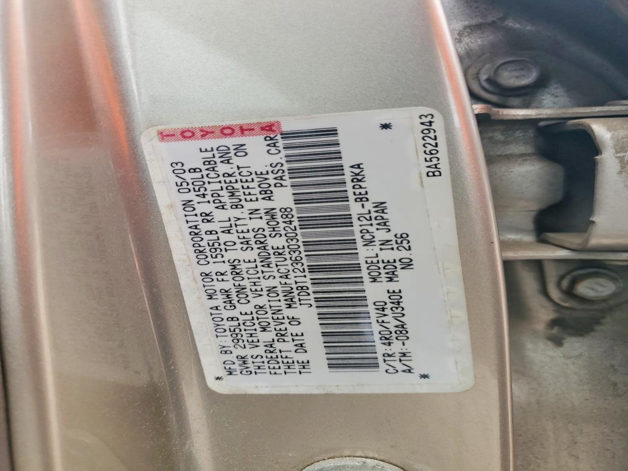 2003 Toyota Echo Base Gold vin: JTDBT123630302488