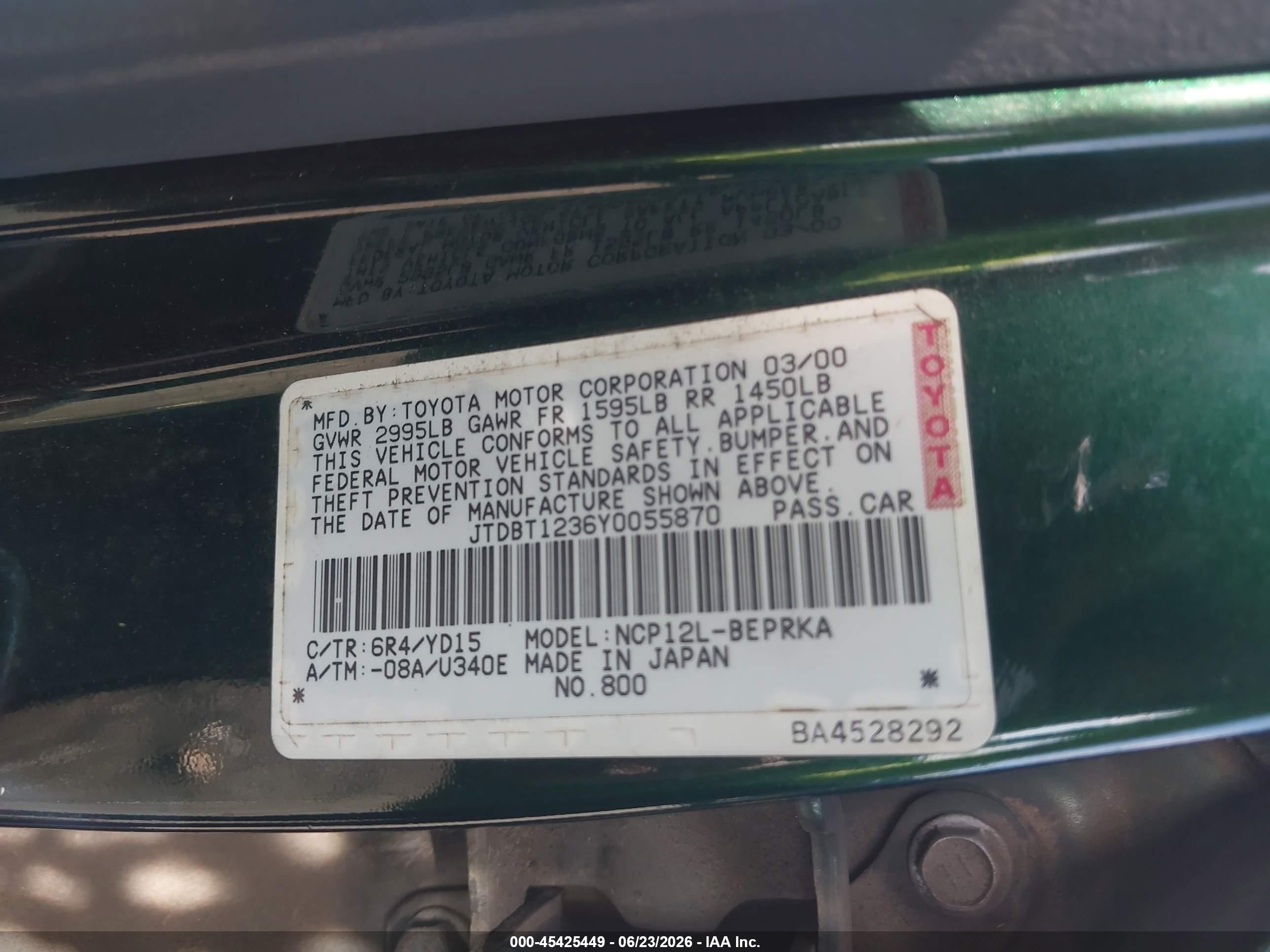 2000 Toyota Echo   Green vin: JTDBT1236Y0055870