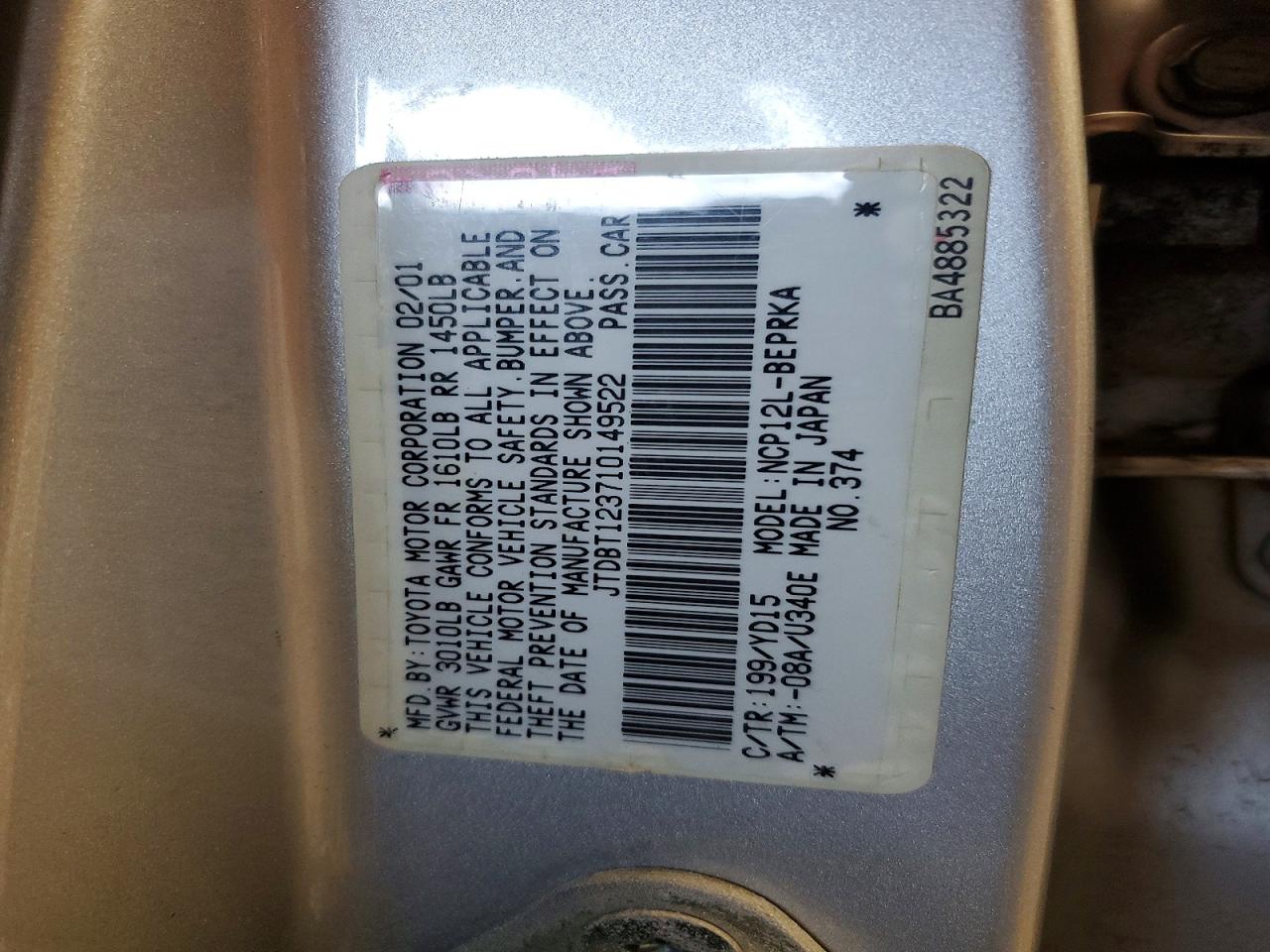 2001 Toyota Echo Base Silver vin: JTDBT123710149522