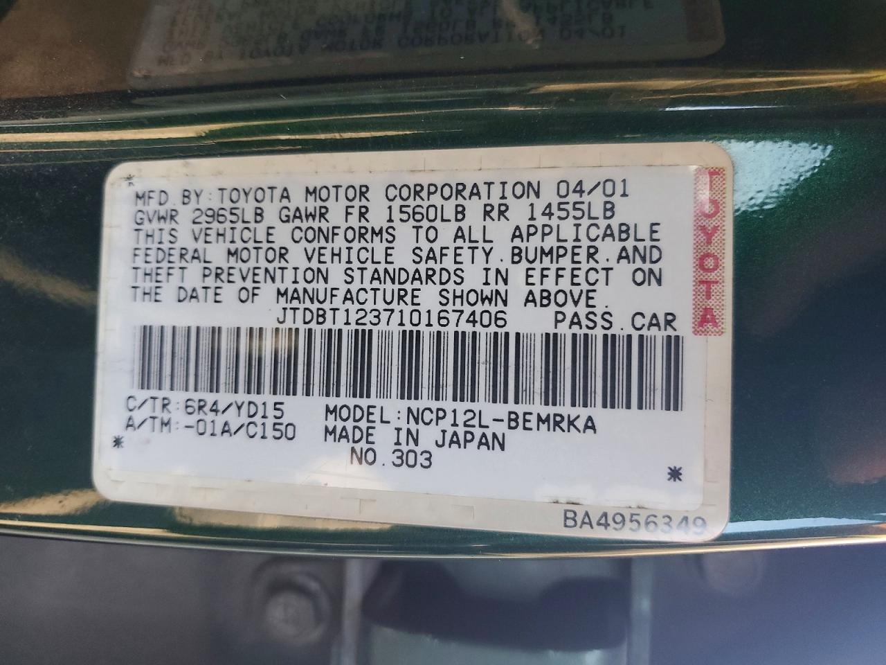 2001 Toyota Echo Base Green vin: JTDBT123710167406