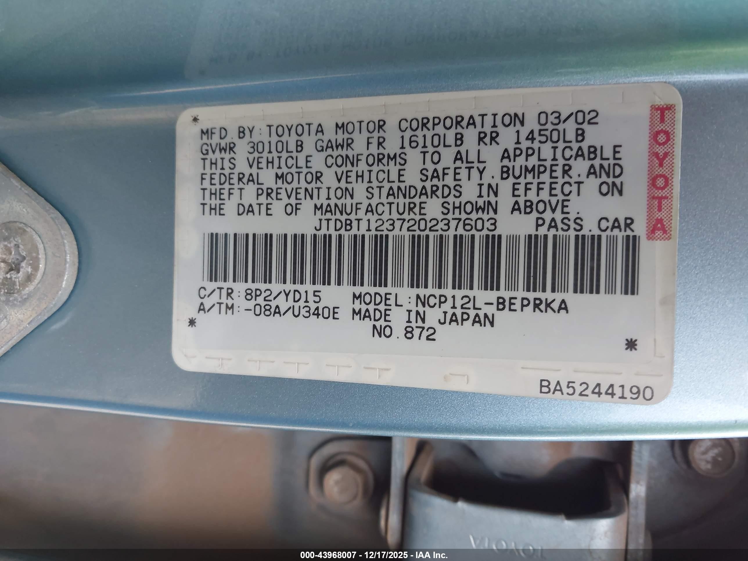 2002 Toyota Echo   Turquoise vin: JTDBT123720237603