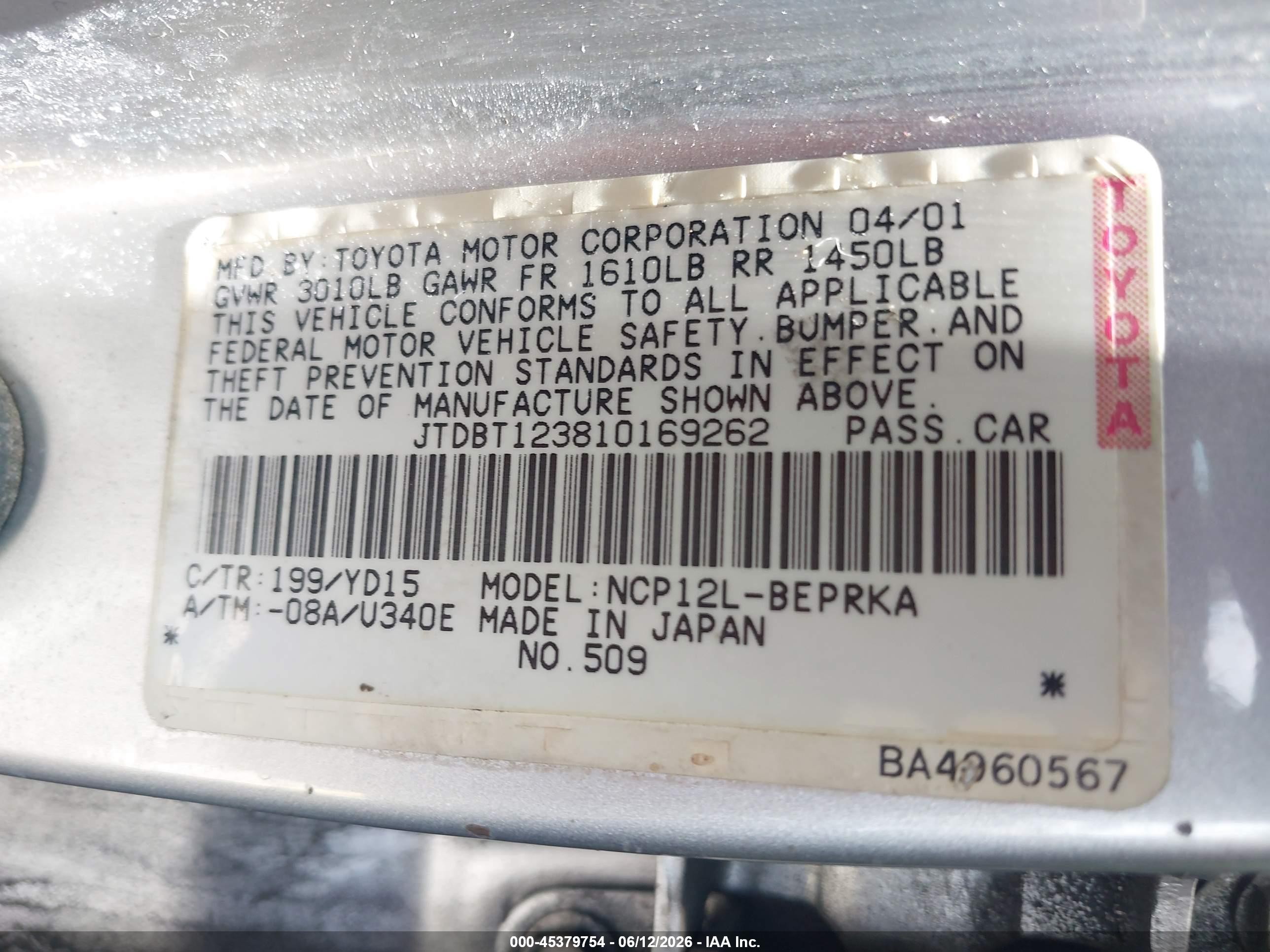 2001 Toyota Echo   Silver vin: JTDBT123810169262