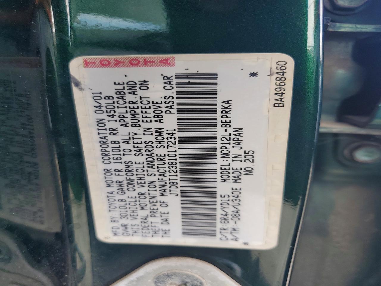 2001 Toyota Echo Base Green vin: JTDBT123810172341