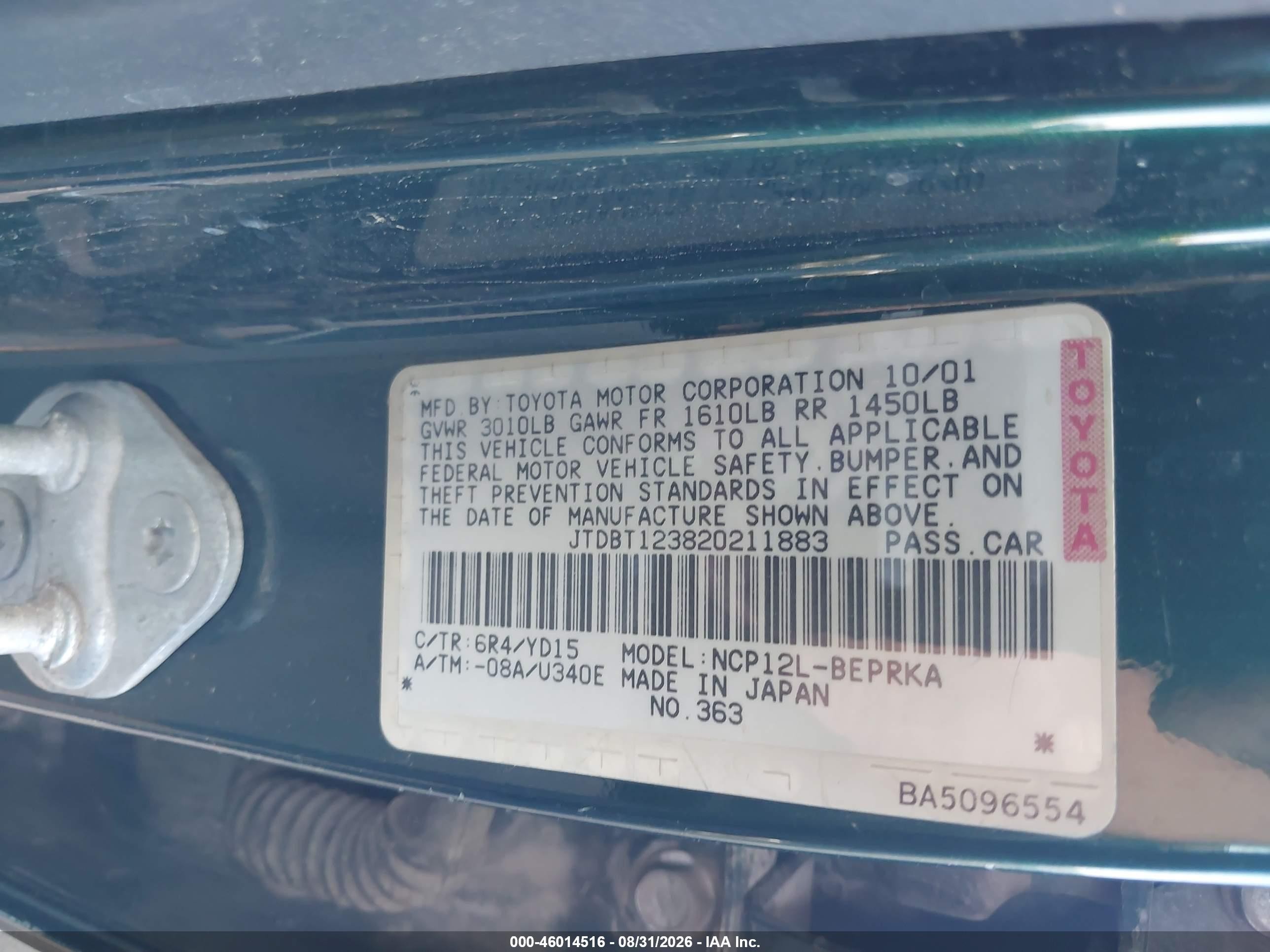 2002 Toyota Echo Green vin: JTDBT123820211883
