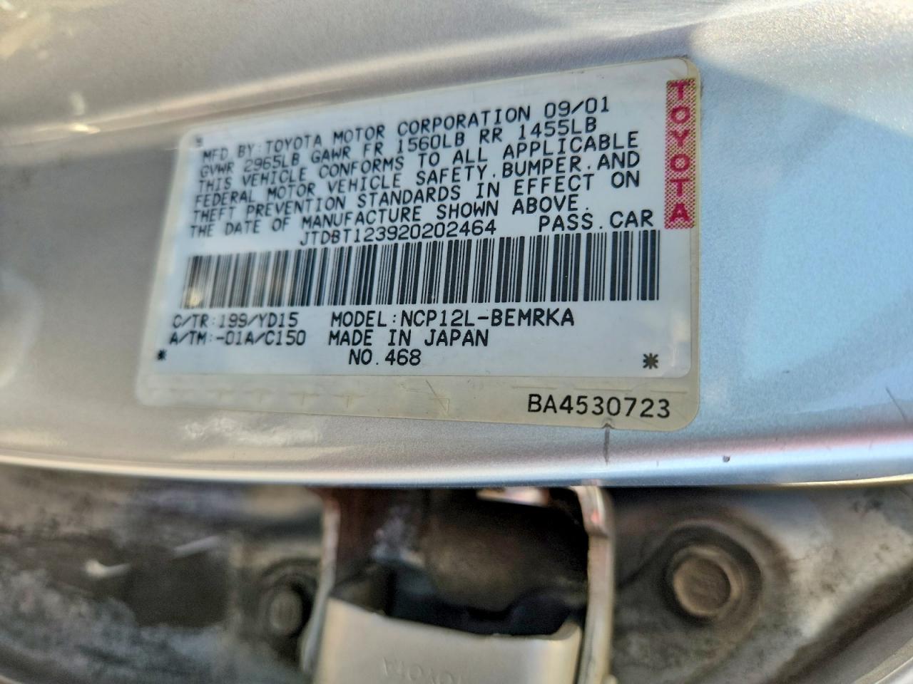 2002 Toyota Echo Silver vin: JTDBT123920202464