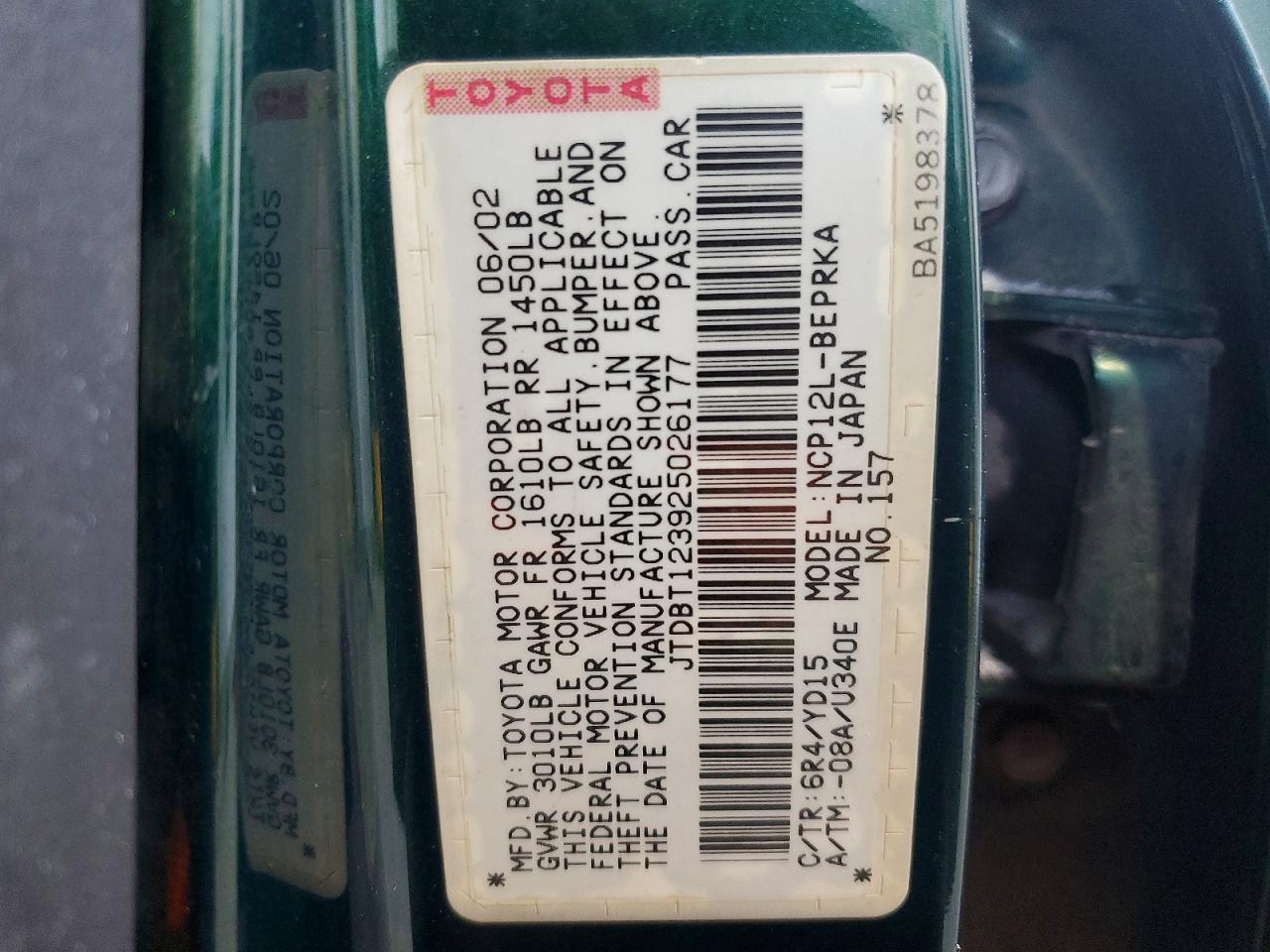 2002 Toyota Echo Green vin: JTDBT123925026177