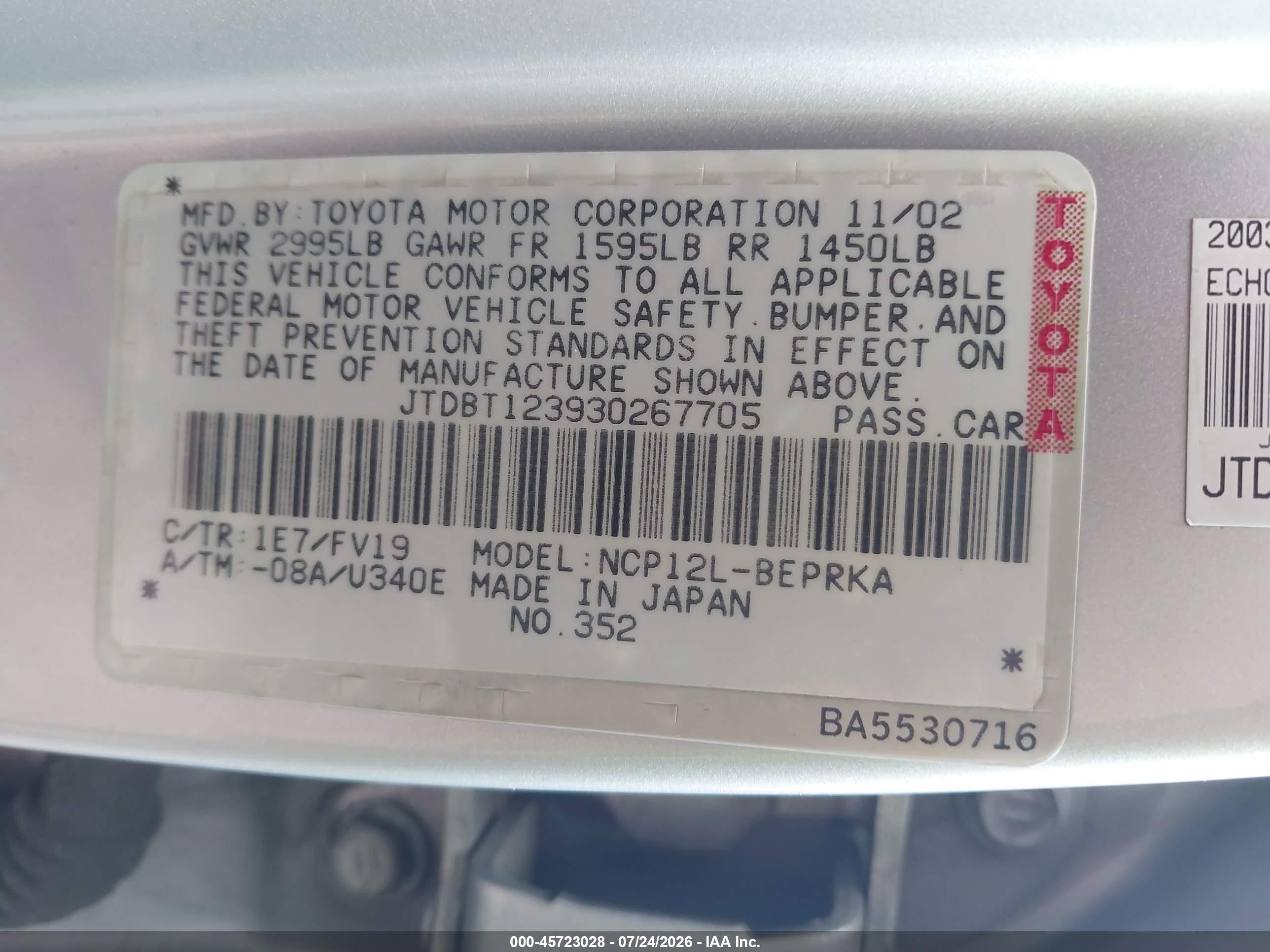 2003 Toyota Echo   Silver vin: JTDBT123930267705