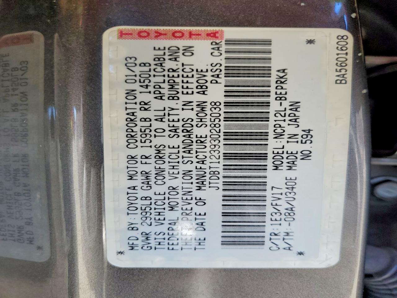 2003 Toyota Echo Base Gray vin: JTDBT123930285038