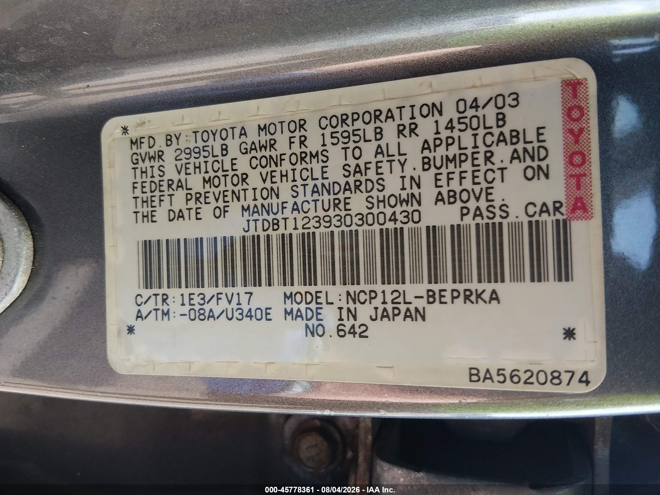 2003 Toyota Echo Gray vin: JTDBT123930300430
