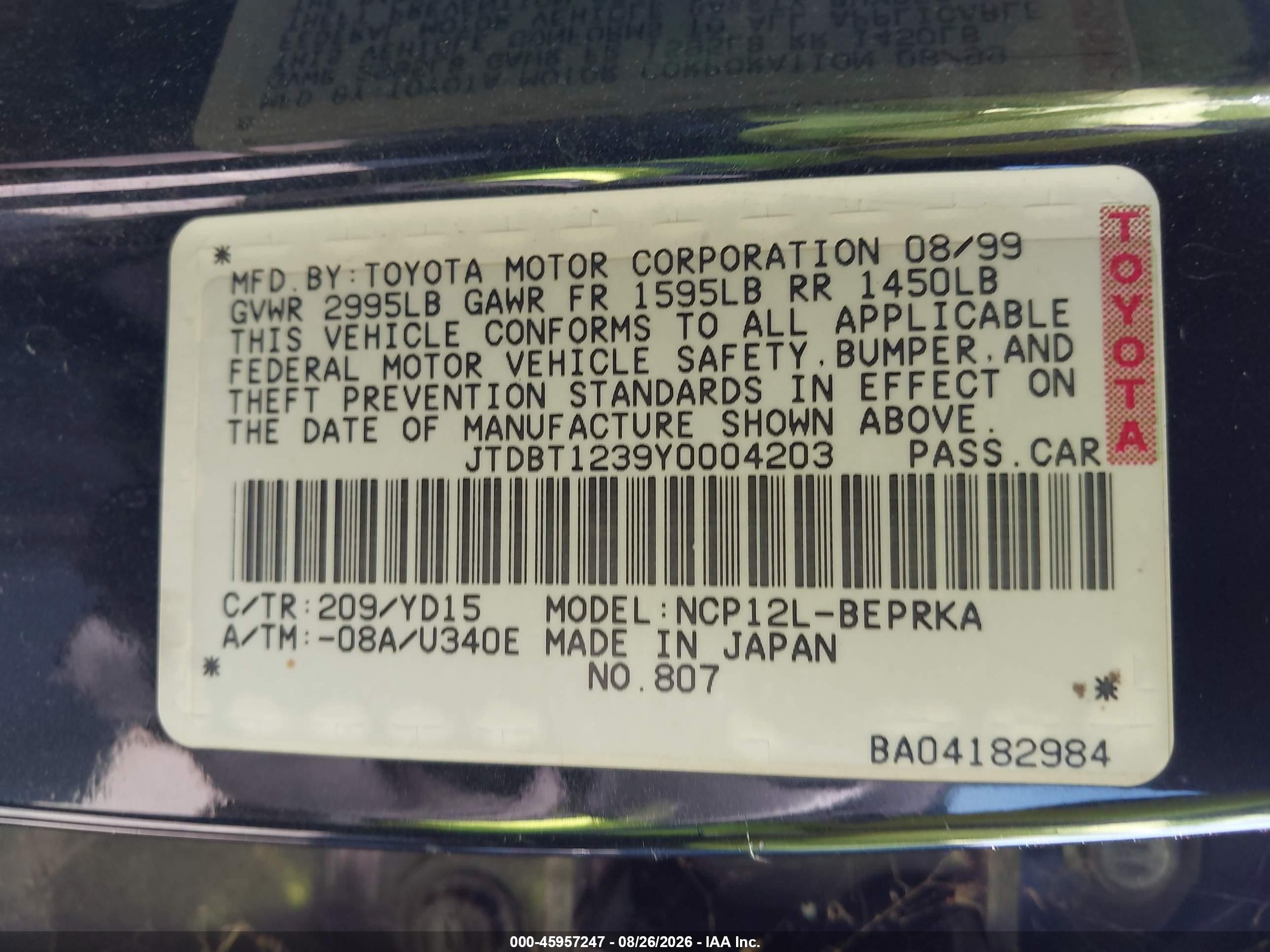 2000 Toyota Echo   Black vin: JTDBT1239Y0004203