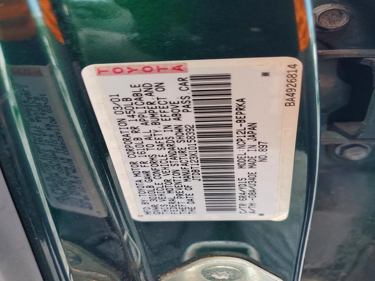 2001 Toyota Echo Base Green vin: JTDBT123X10158392