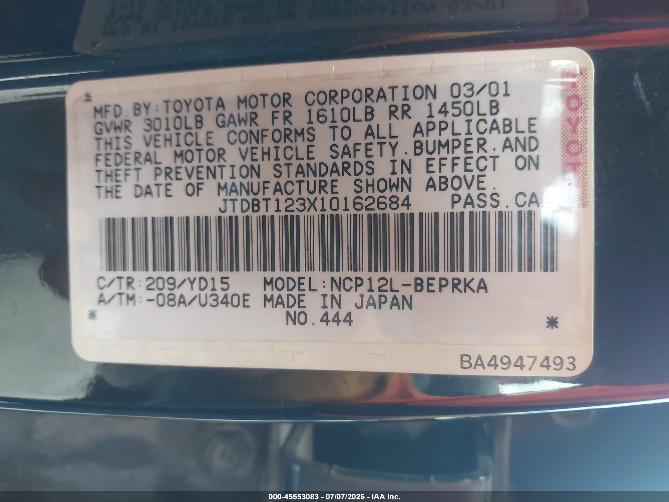2001 Toyota Echo   Black vin: JTDBT123X10162684