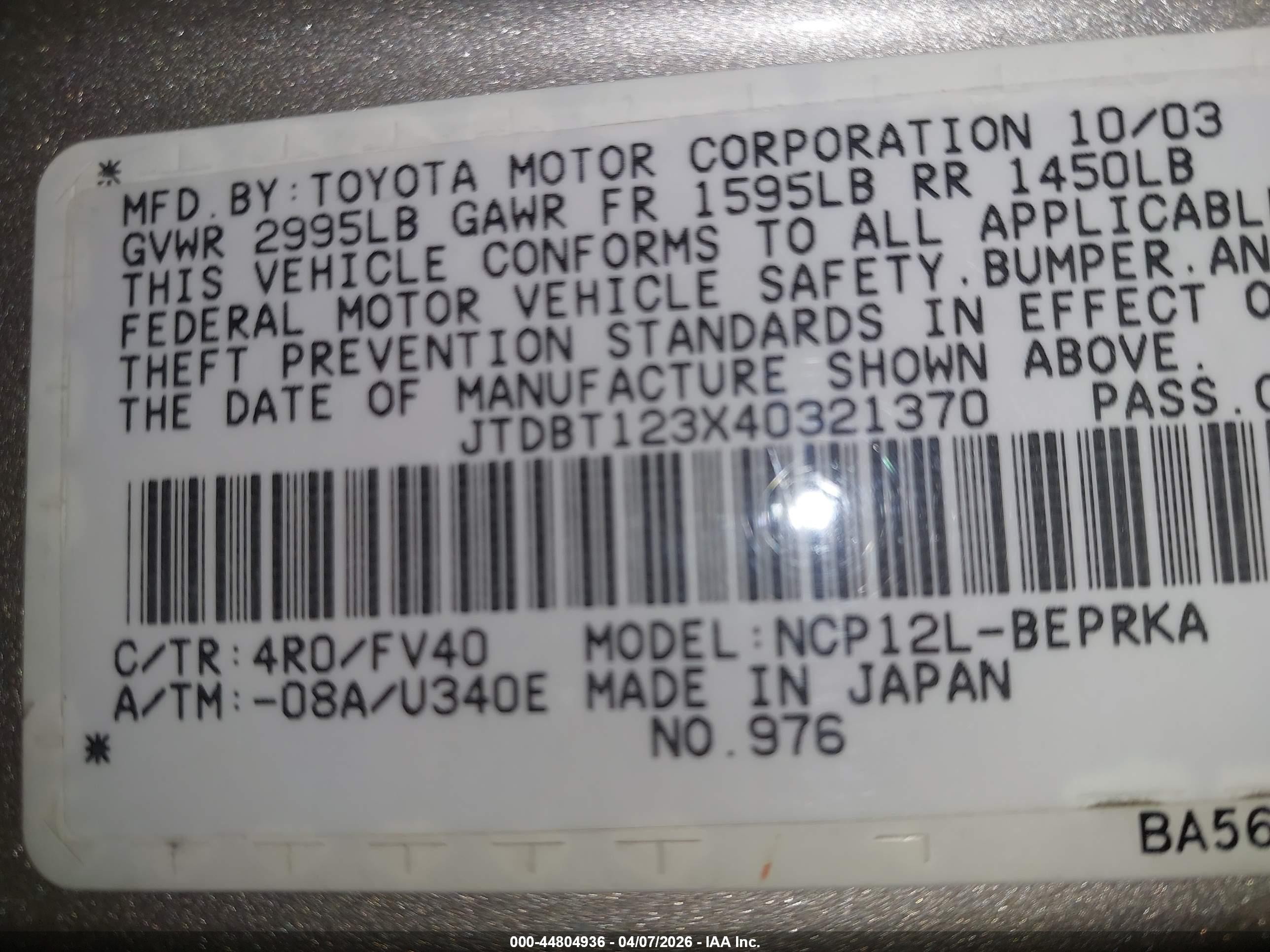 2004 Toyota Echo Champagne vin: JTDBT123X40321370