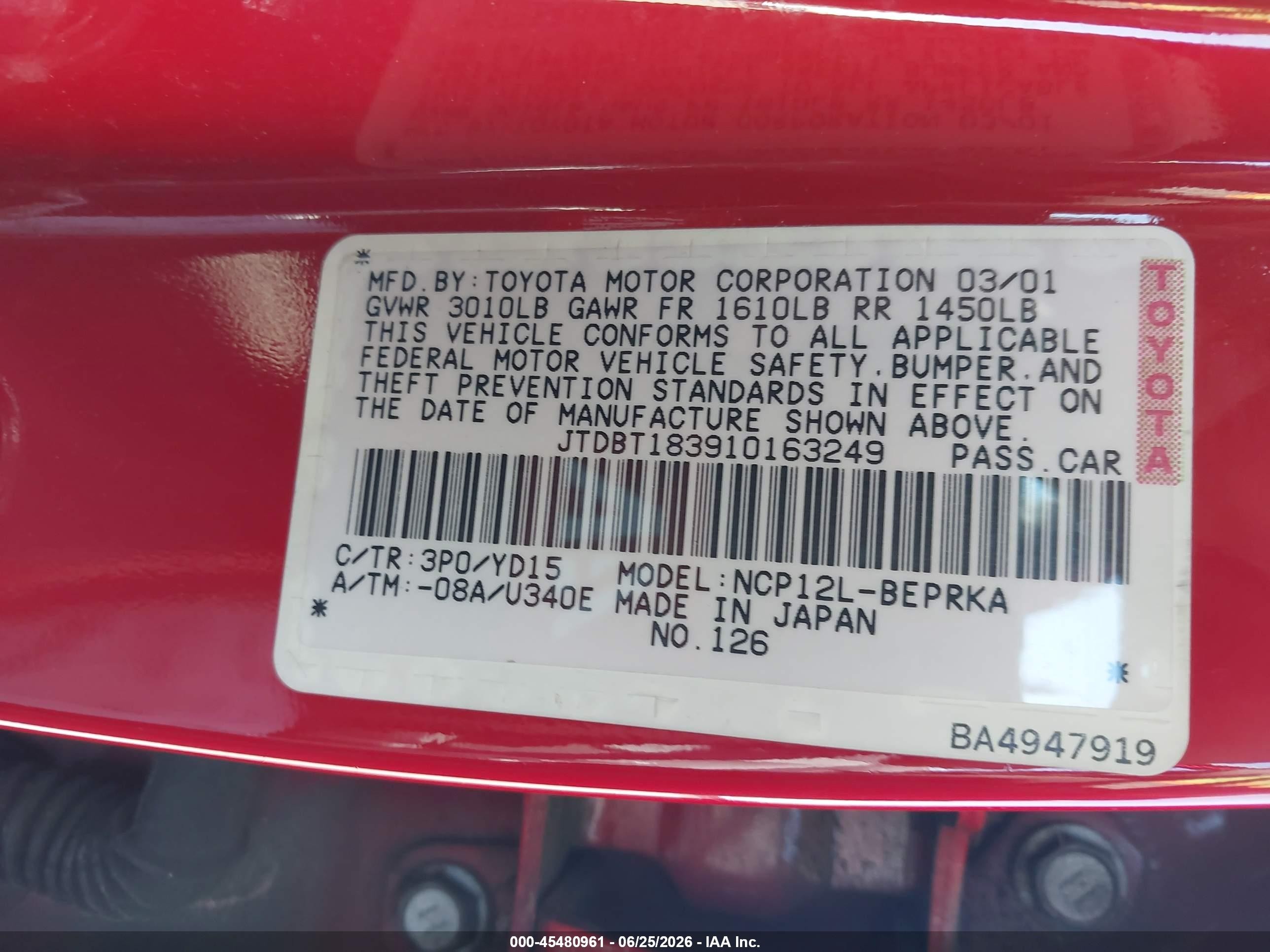 2001 Toyota Echo   Red vin: JTDBT183910163249