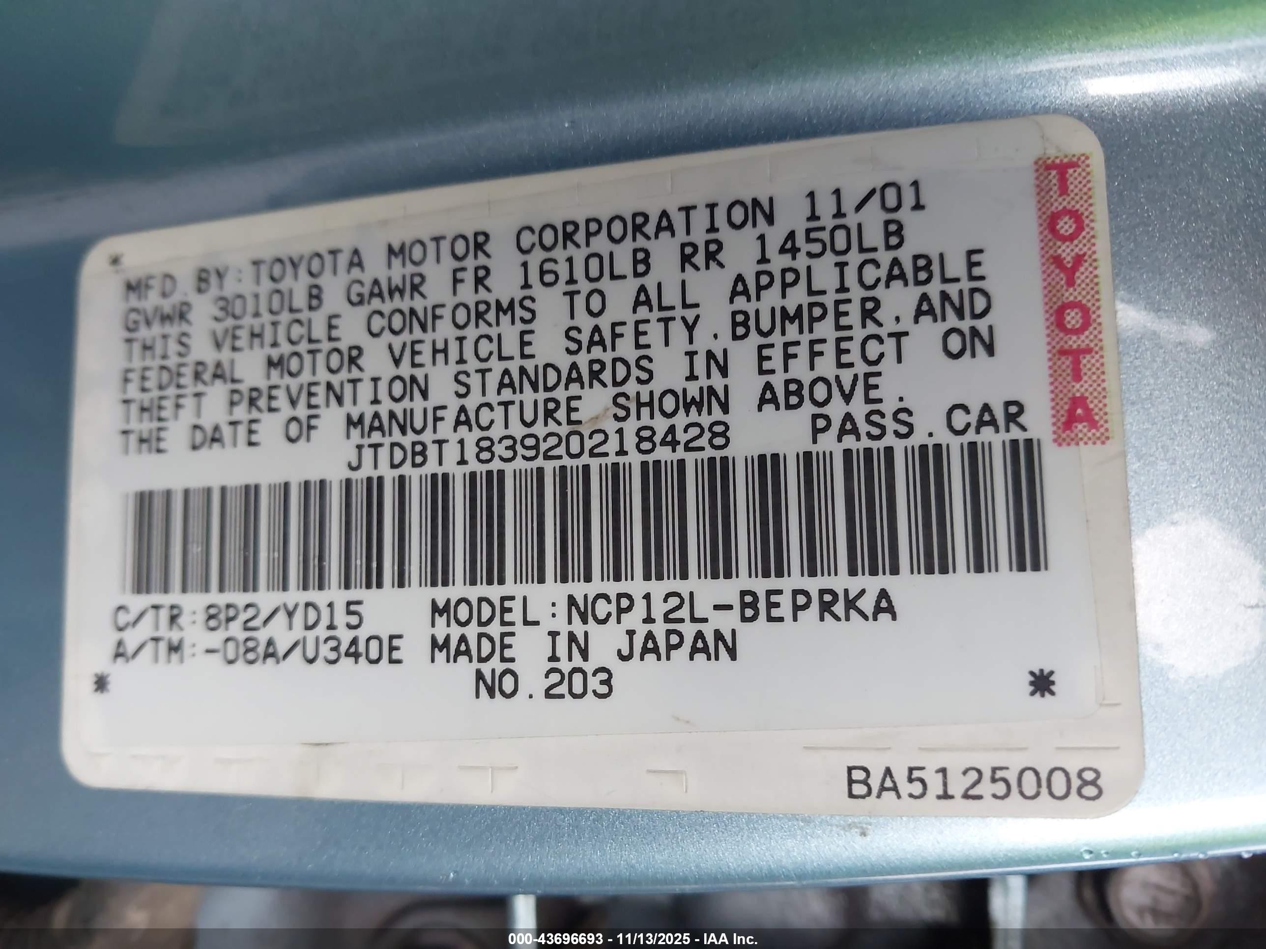 2002 Toyota Echo   Turquoise vin: JTDBT183920218428
