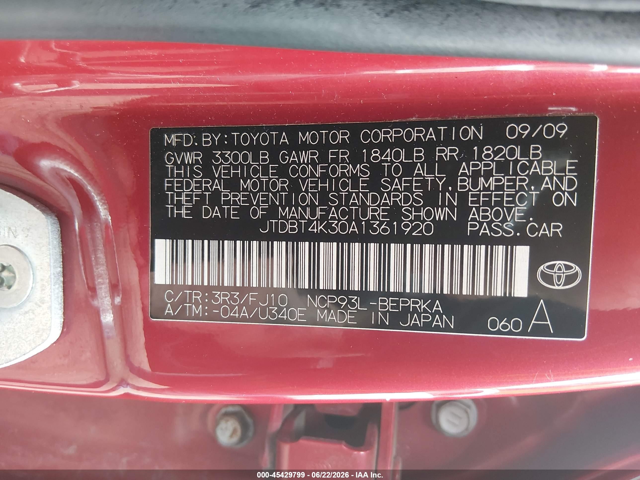 2010 Toyota Yaris   Red vin: JTDBT4K30A1361920