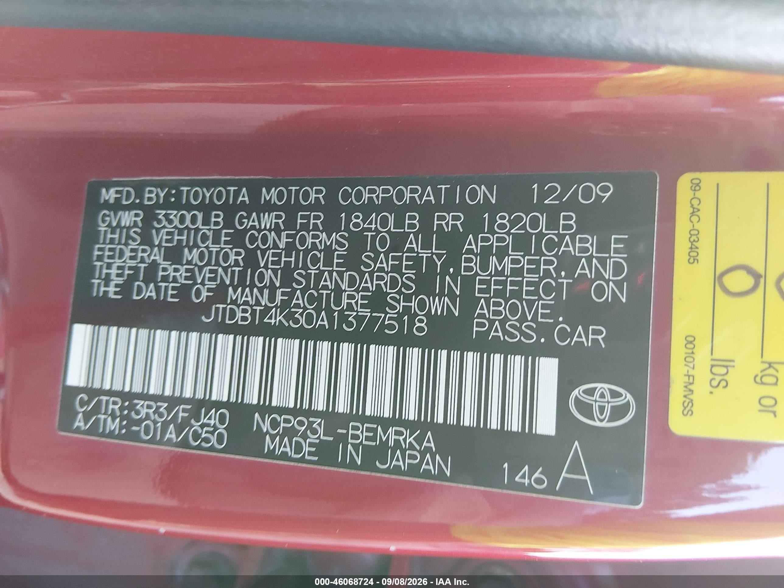 2010 Toyota Yaris   Red vin: JTDBT4K30A1377518
