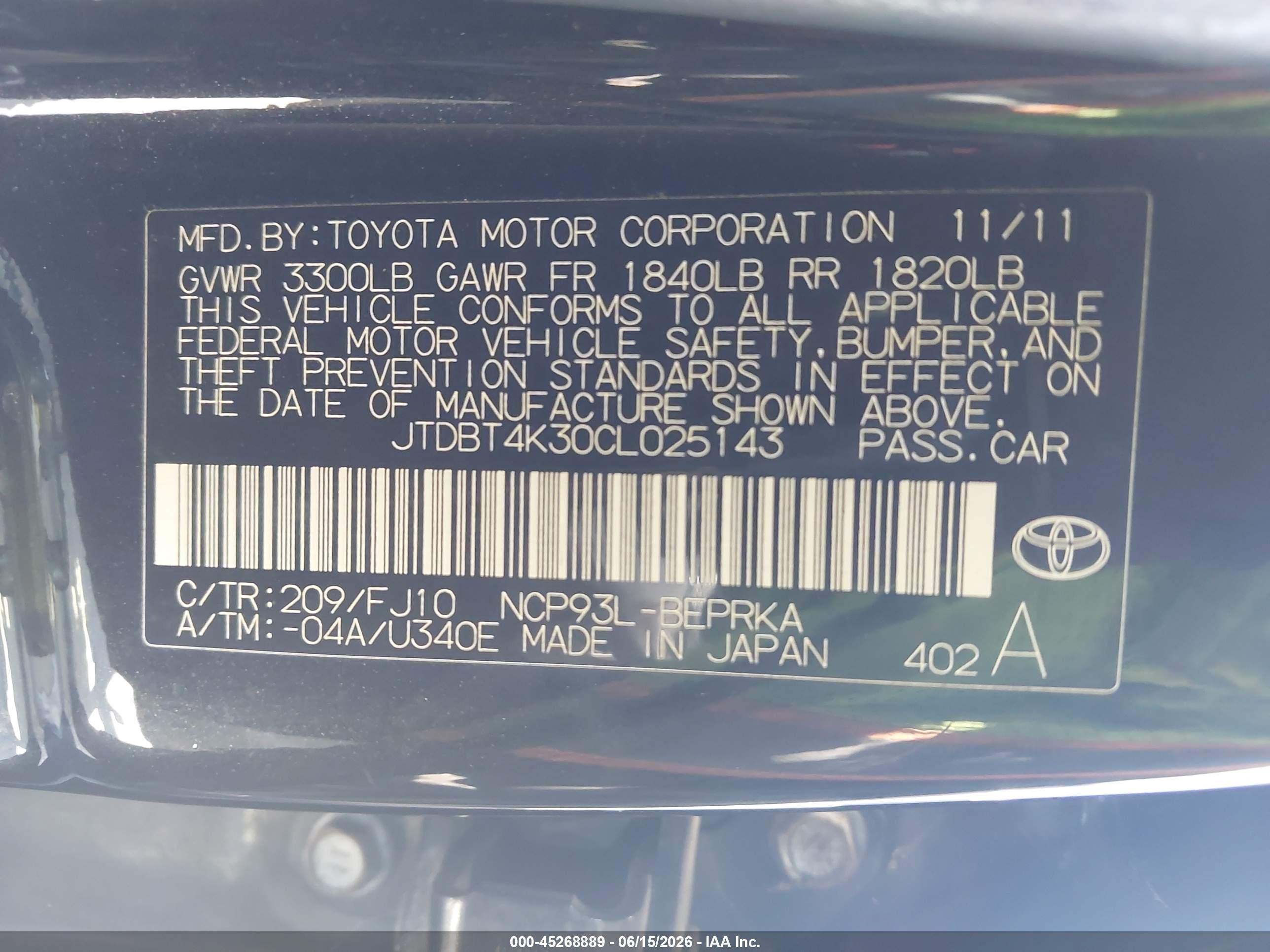 2012 Toyota Yaris   Черный vin: JTDBT4K30CL025143
