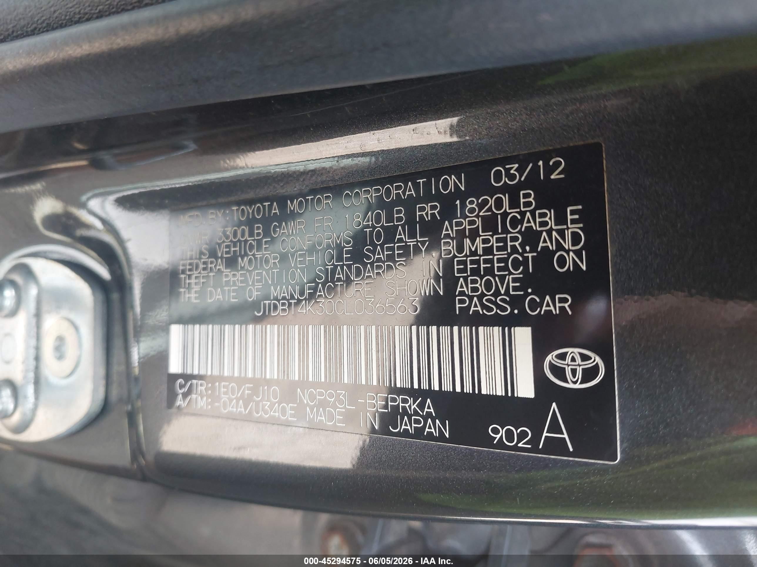 2012 Toyota Yaris   Gray vin: JTDBT4K30CL036563