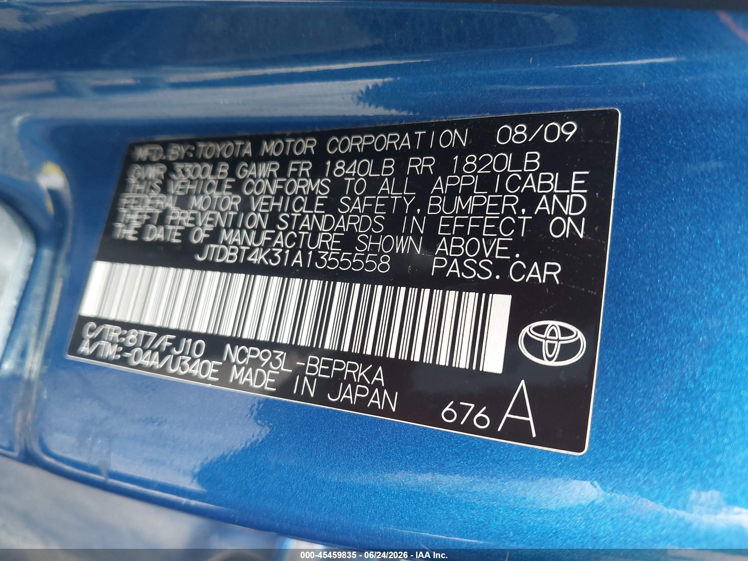 2010 Toyota Yaris   Blue vin: JTDBT4K31A1355558
