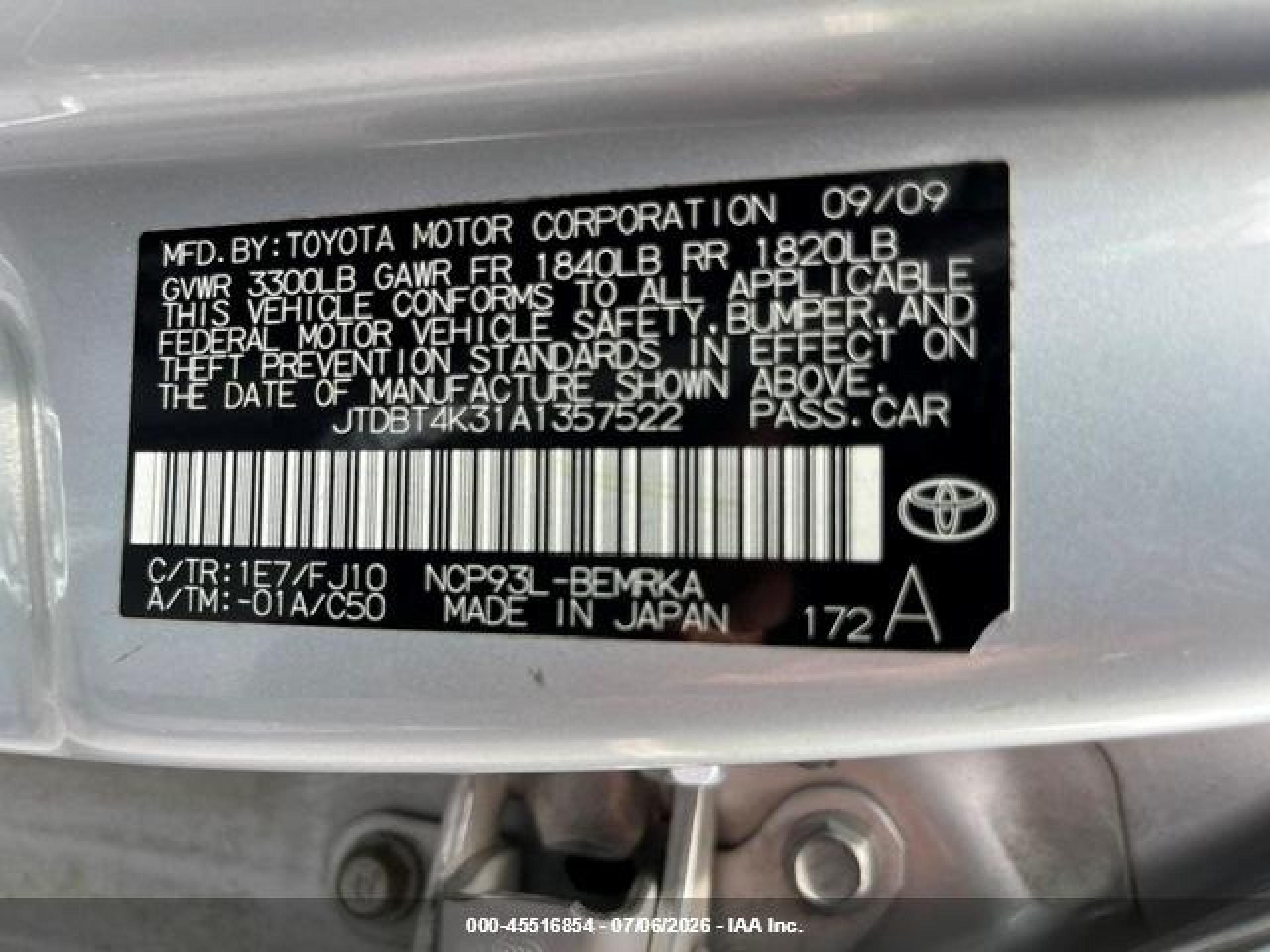 2010 Toyota Yaris   vin: JTDBT4K31A1357522