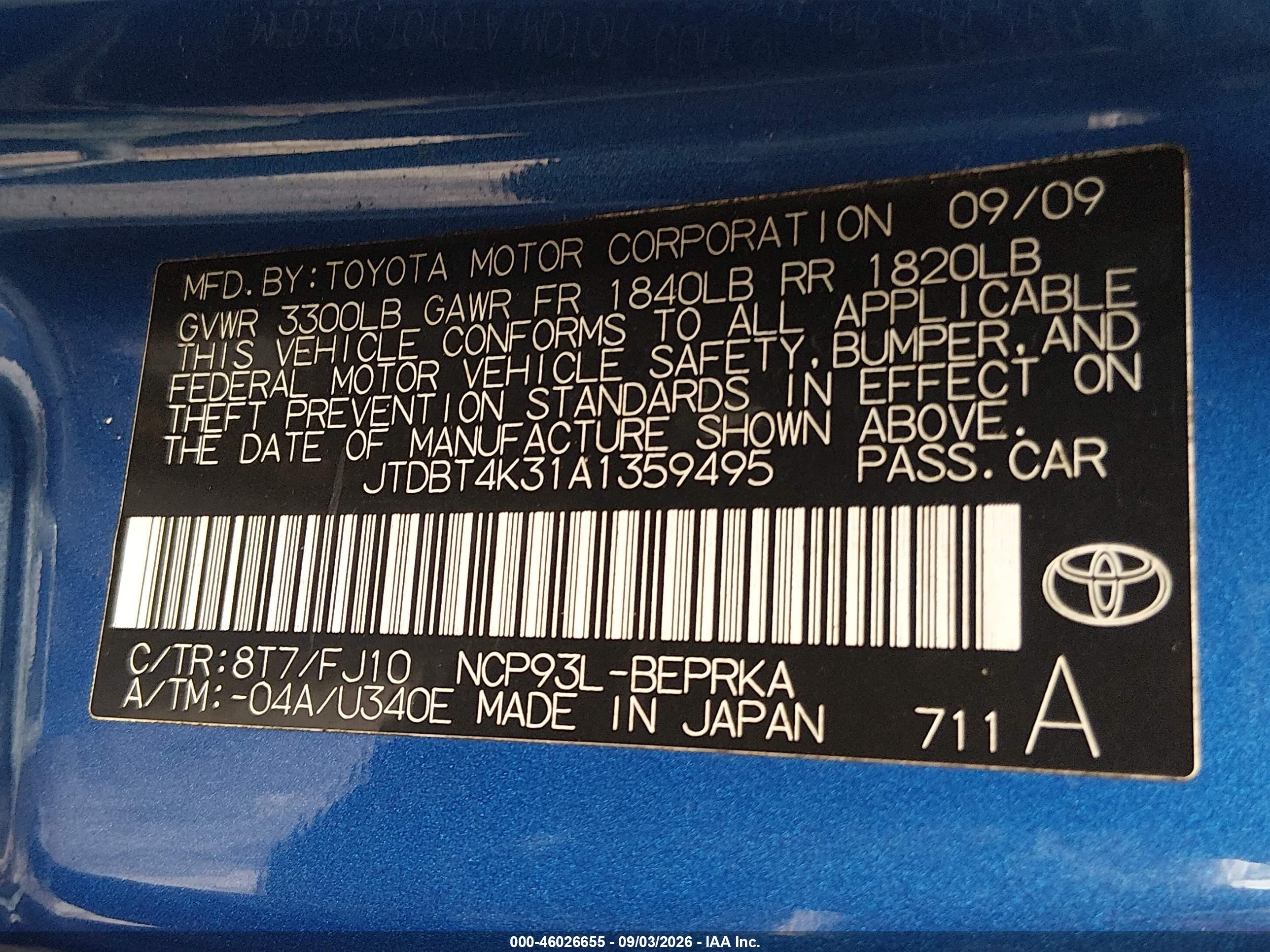 2010 Toyota Yaris   Blue vin: JTDBT4K31A1359495
