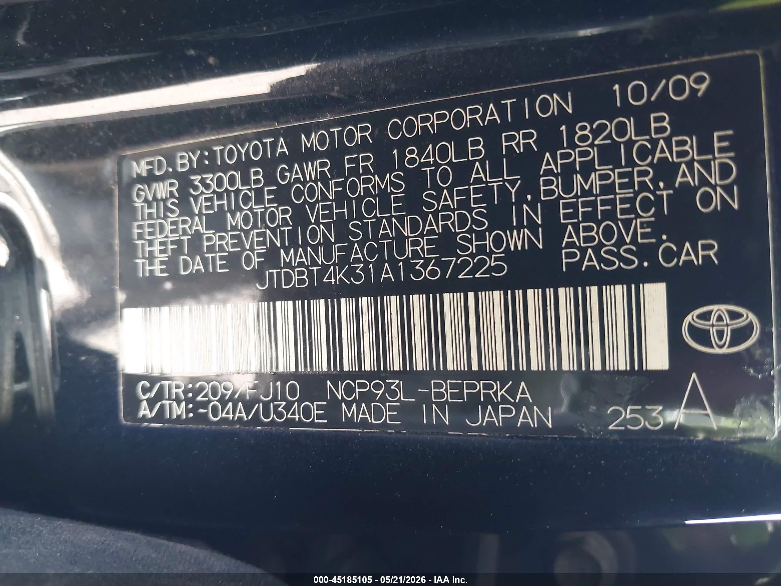 2010 Toyota Yaris   Black vin: JTDBT4K31A1367225